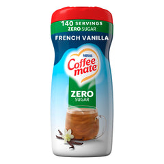 Coffee-mate bote frontal mostrando etiqueta y ventaja sin azúcar