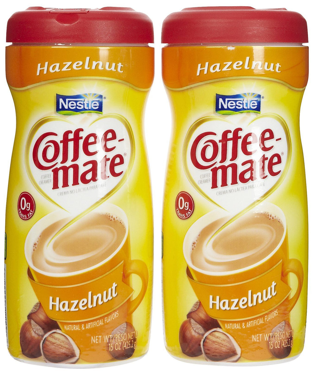 Coffee‑mate lata frontal sabor avellana mostrando diseño y beneficio práctico