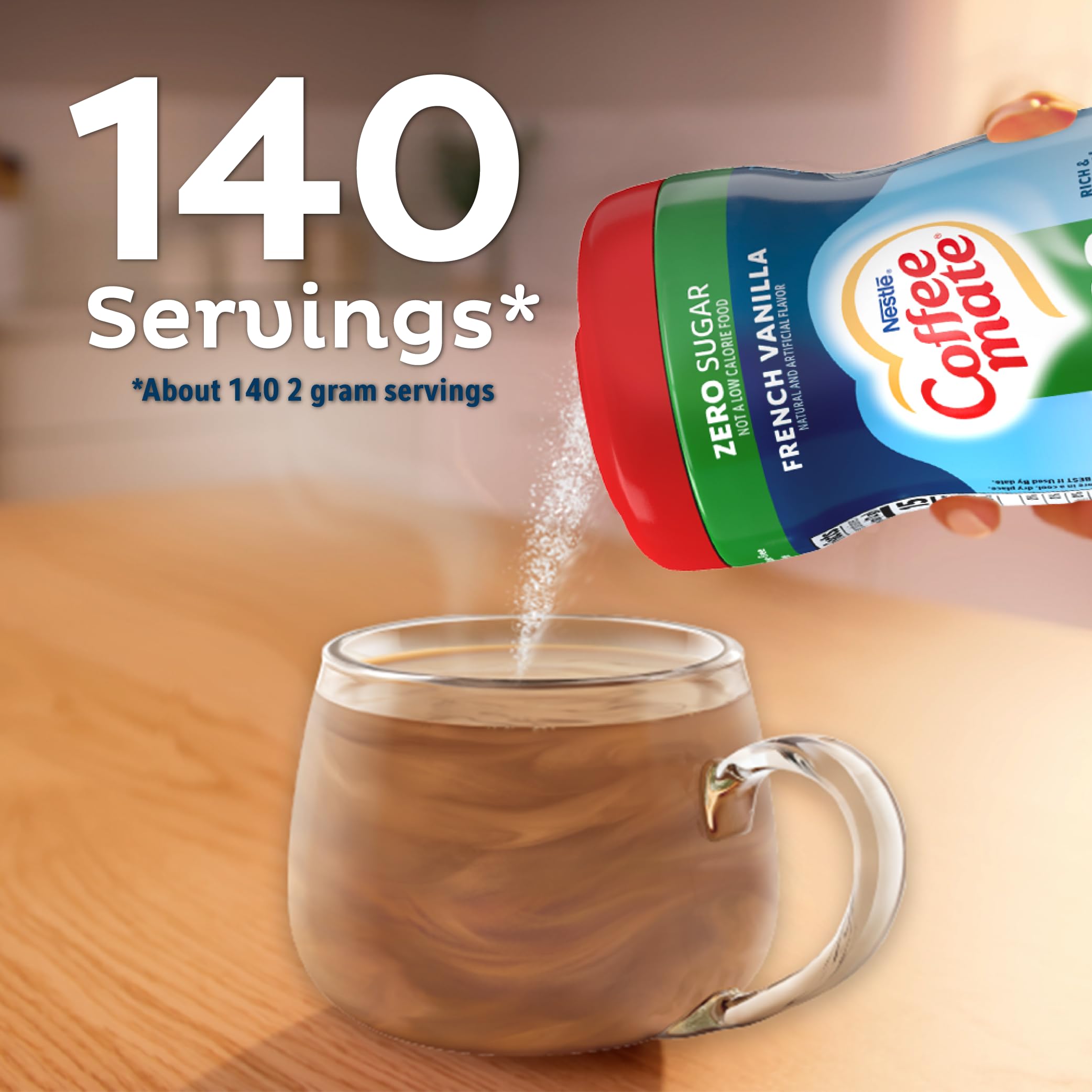 Coffee-mate rótulo nutricional destacando 0 g de azúcar