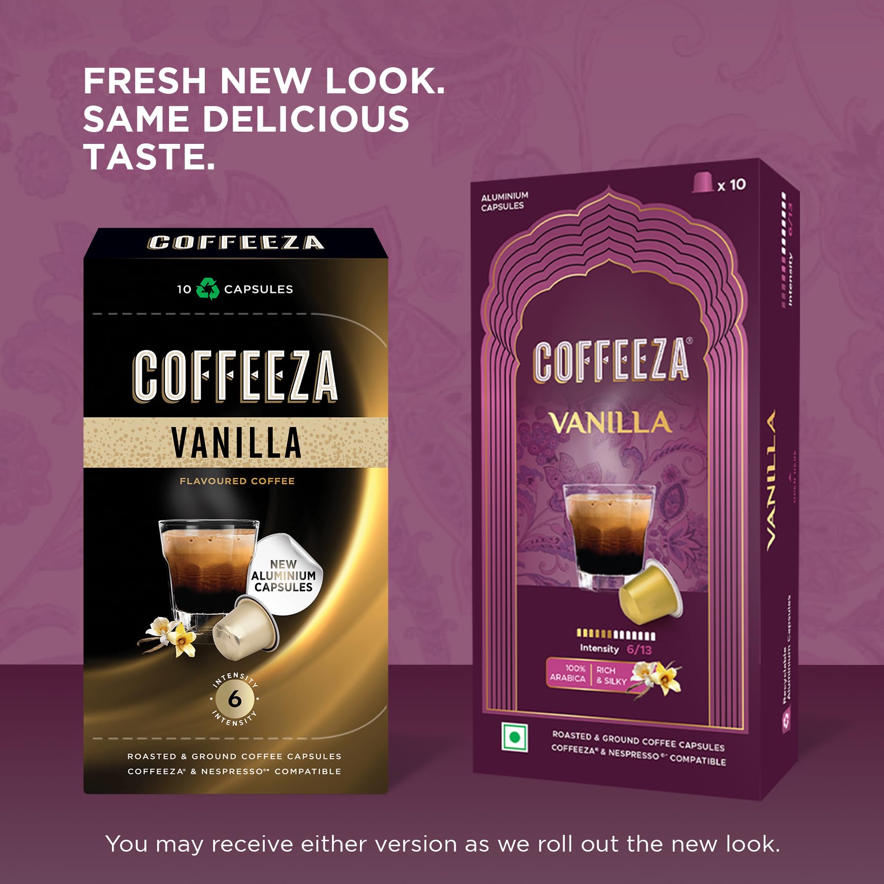 Etiqueta de la caja Coffeeza con información de compatibilidad y mezcla Arábica