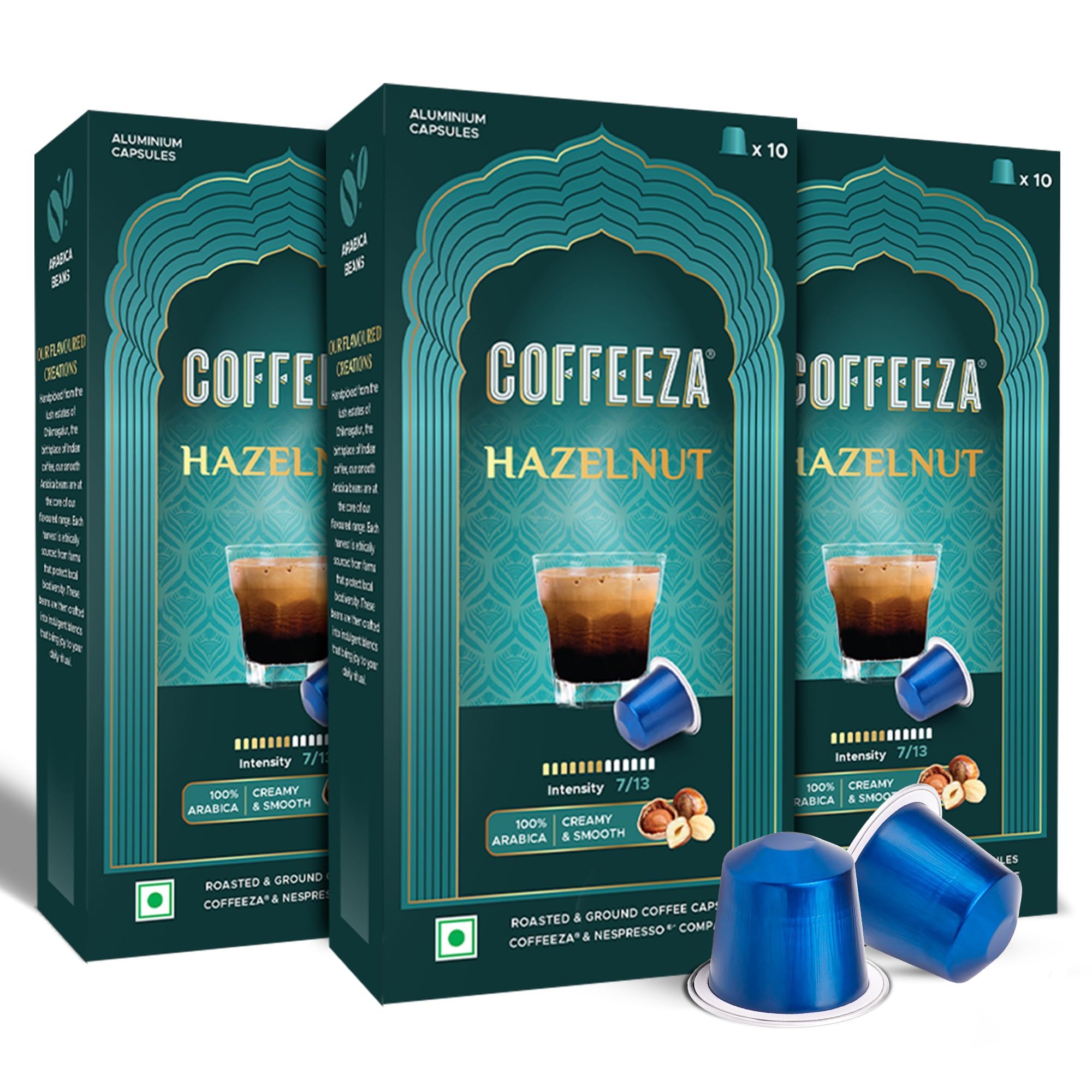 Coffeeza paquete frontal con cápsulas avellana, presentación atractiva y protección