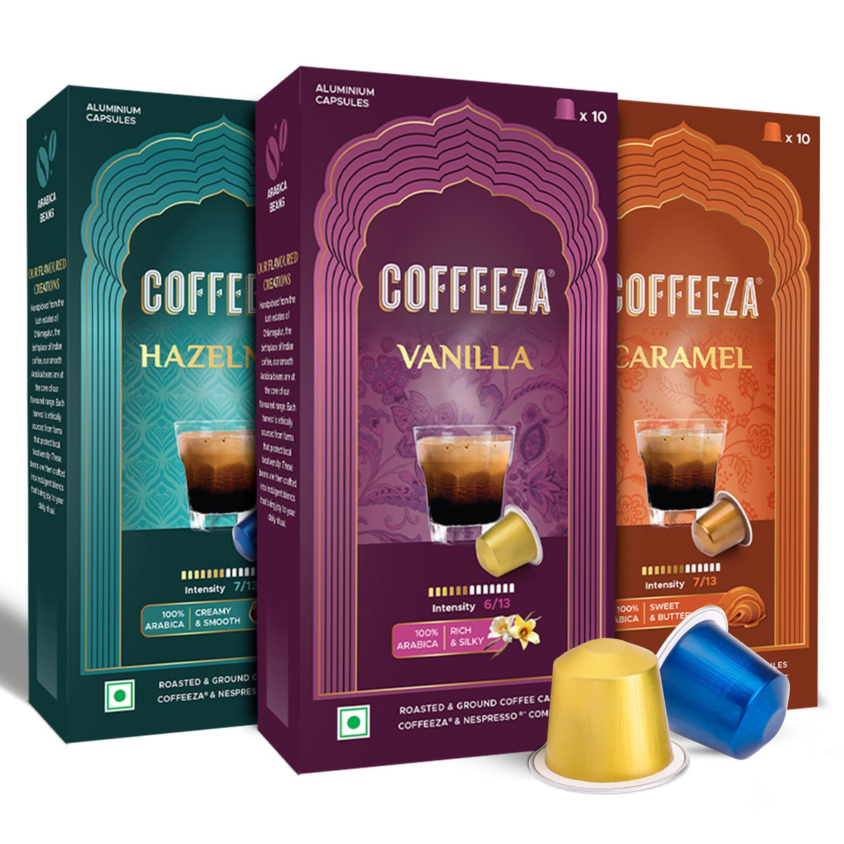 Coffeeza pack frontal mostrando las 30 cápsulas y variedad de sabores, conveniencia inmediata