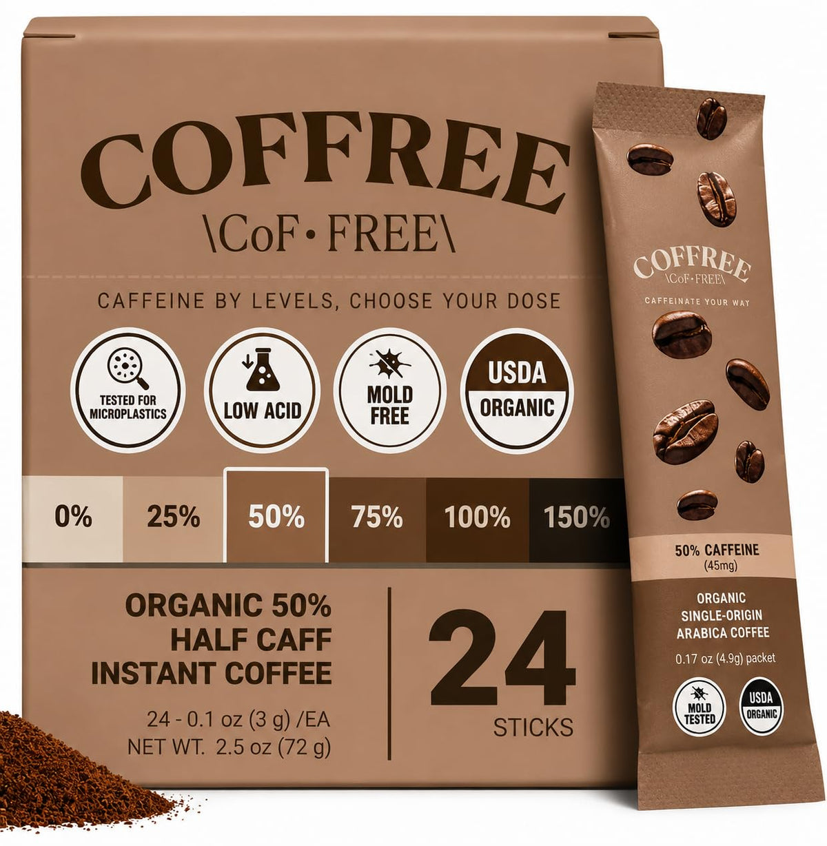 COFFREE frente del pack mostrando diseño y cantidad 24 sobres conveniente