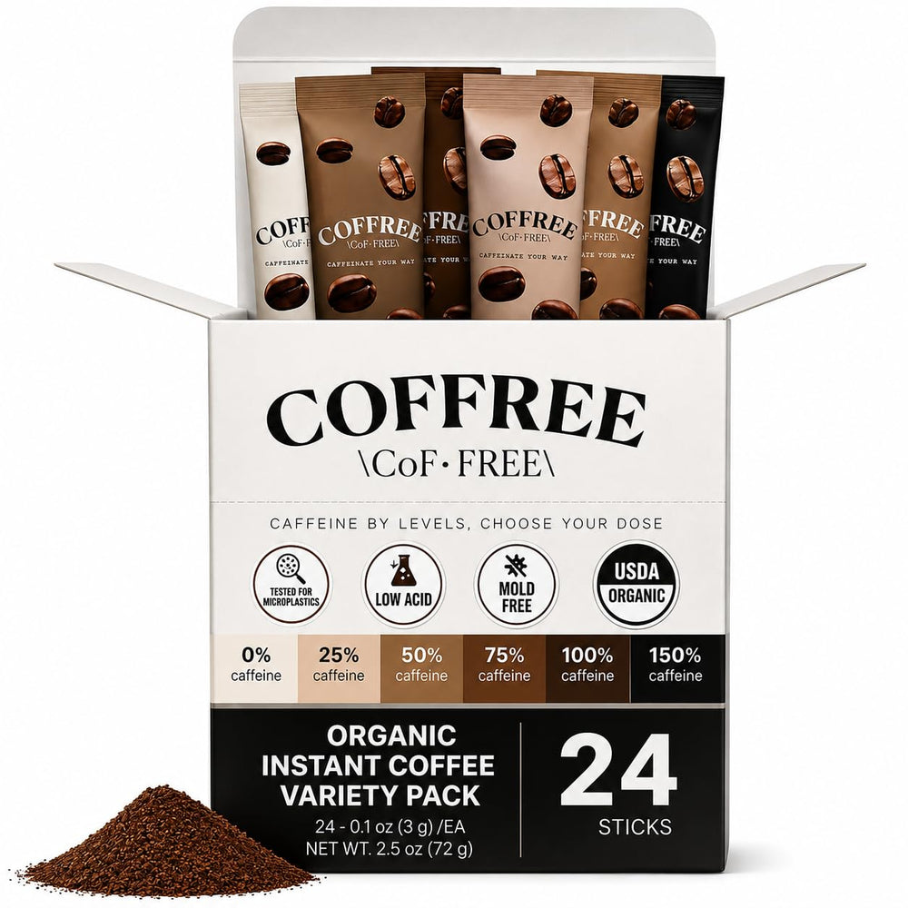 COFFREE vista frontal del paquete de 24 sobres, conveniencia para viajar