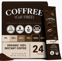 COFFREE sobre frontal mostrando etiqueta orgánica y beneficio de conveniencia