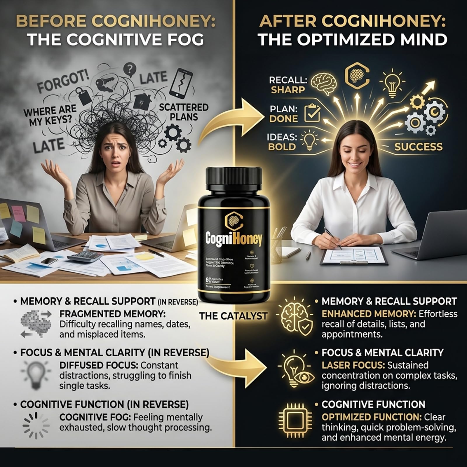 CogniHoney cápsulas fuera del frasco mostrando su forma y consistencia