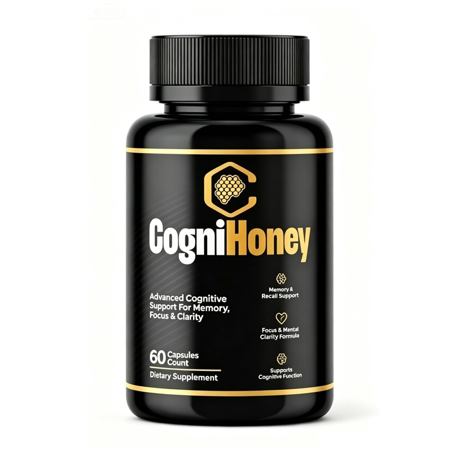 CogniHoney frasco frontal mostrando el envase y la etiqueta, facilita identificación