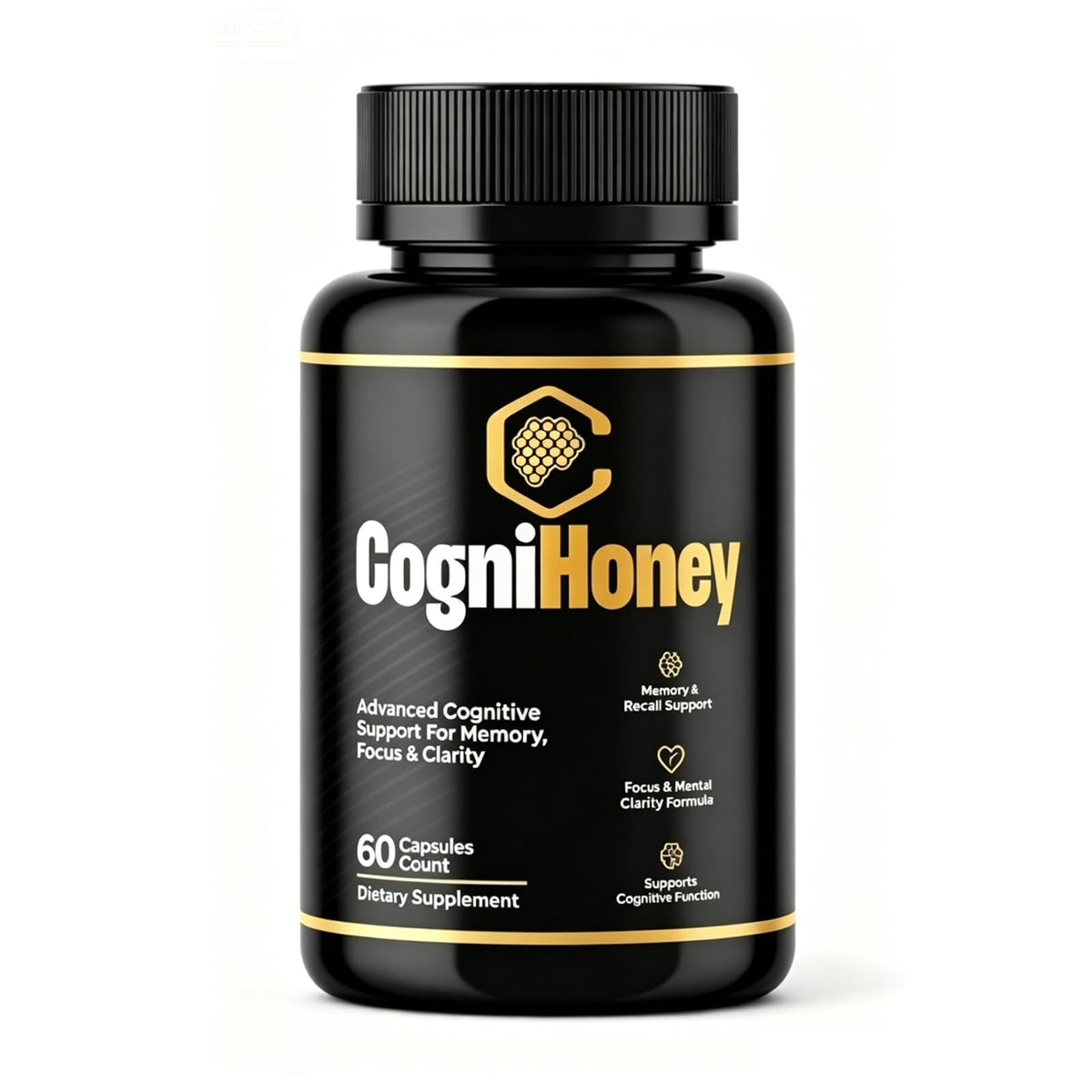CogniHoney frasco frontal mostrando el envase y la etiqueta, facilita identificación