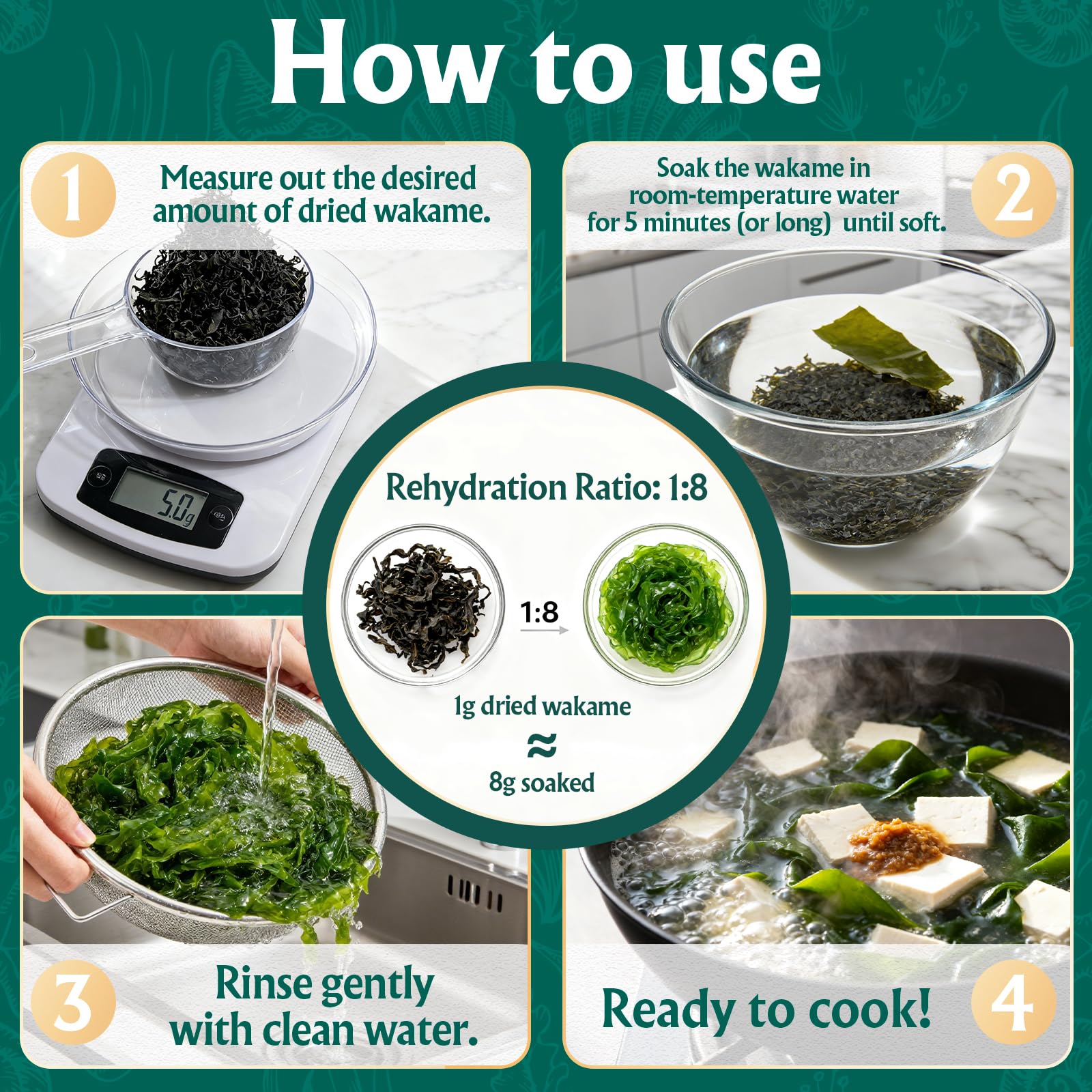 Colehechr wakame en sopa miso añade textura y sabor marino