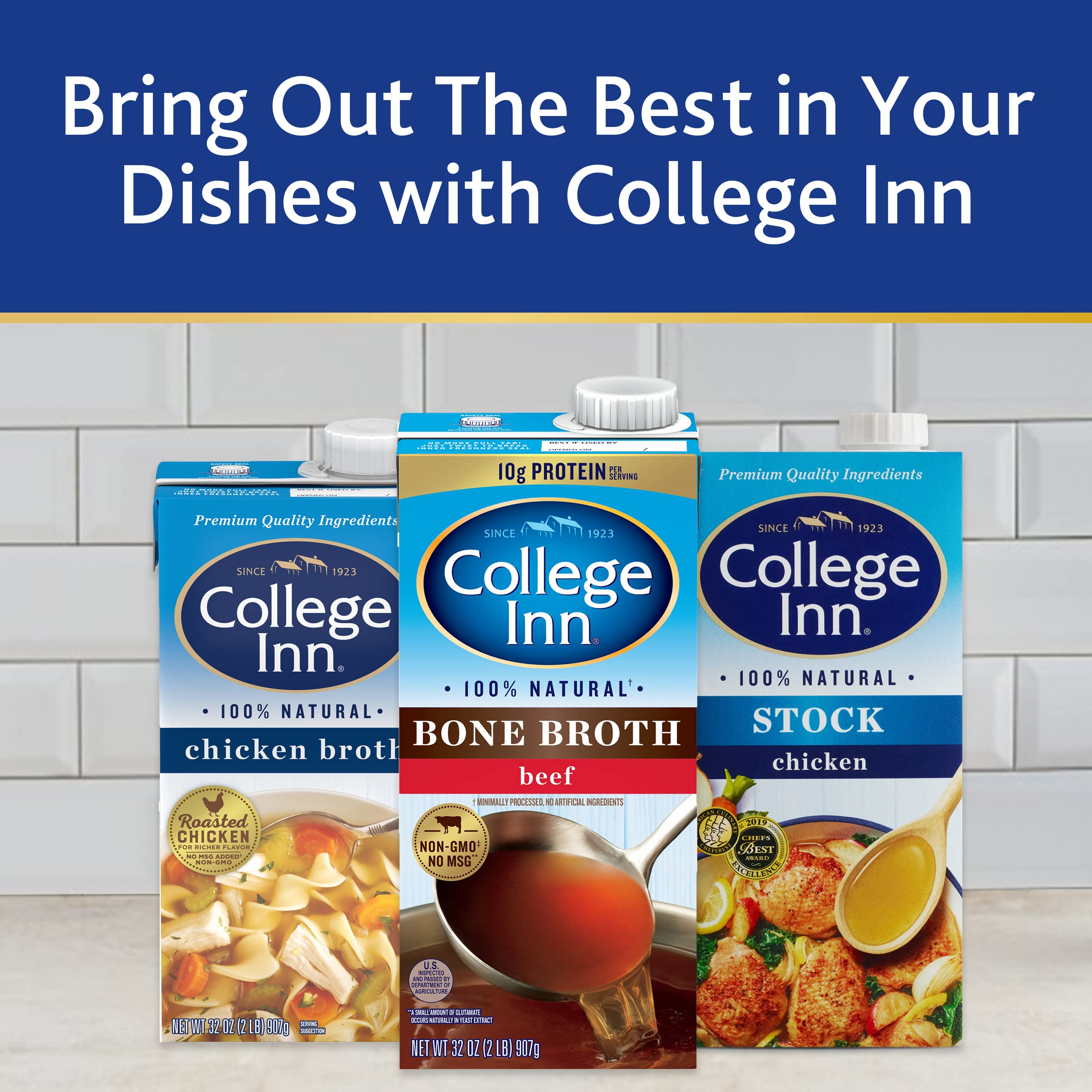 College Inn envase junto a pollo y verduras frescas, resalta ingredientes naturales