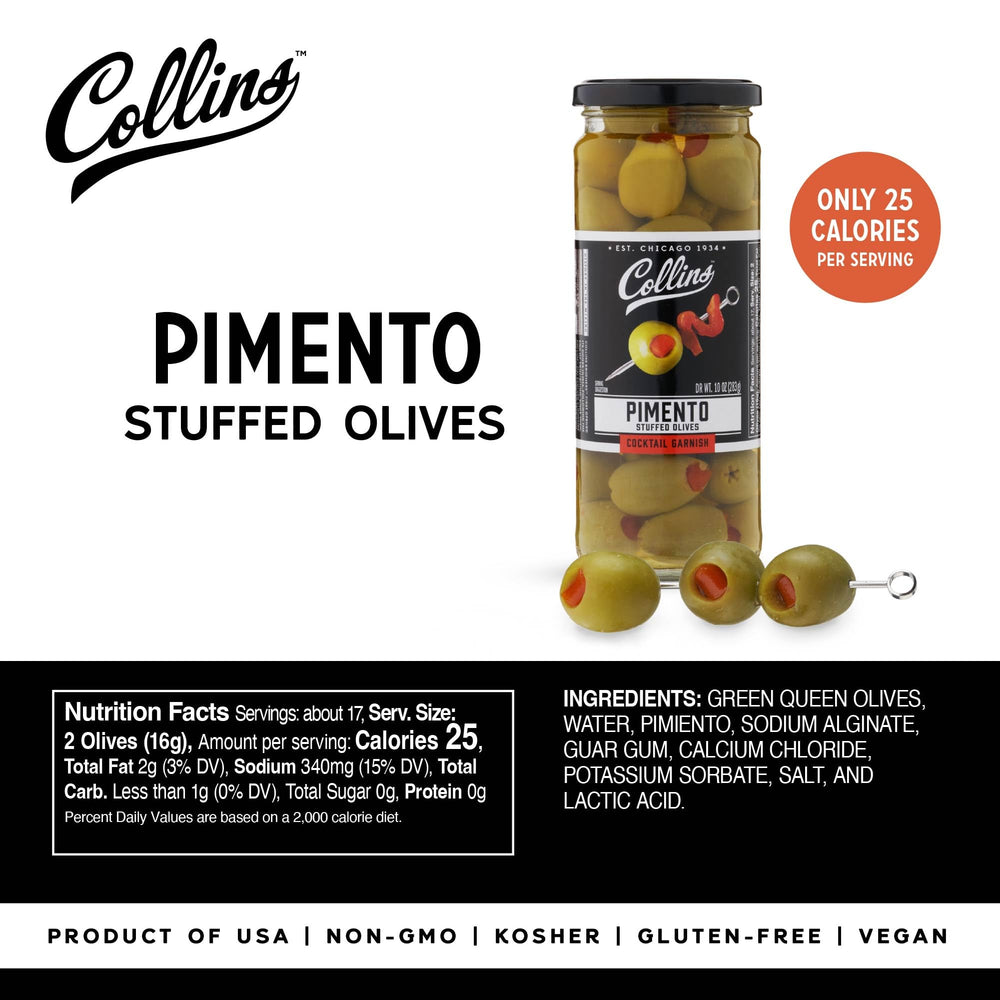 Collins Chicago aceituna Colossal en copa de martini, mejora presentación del cóctel