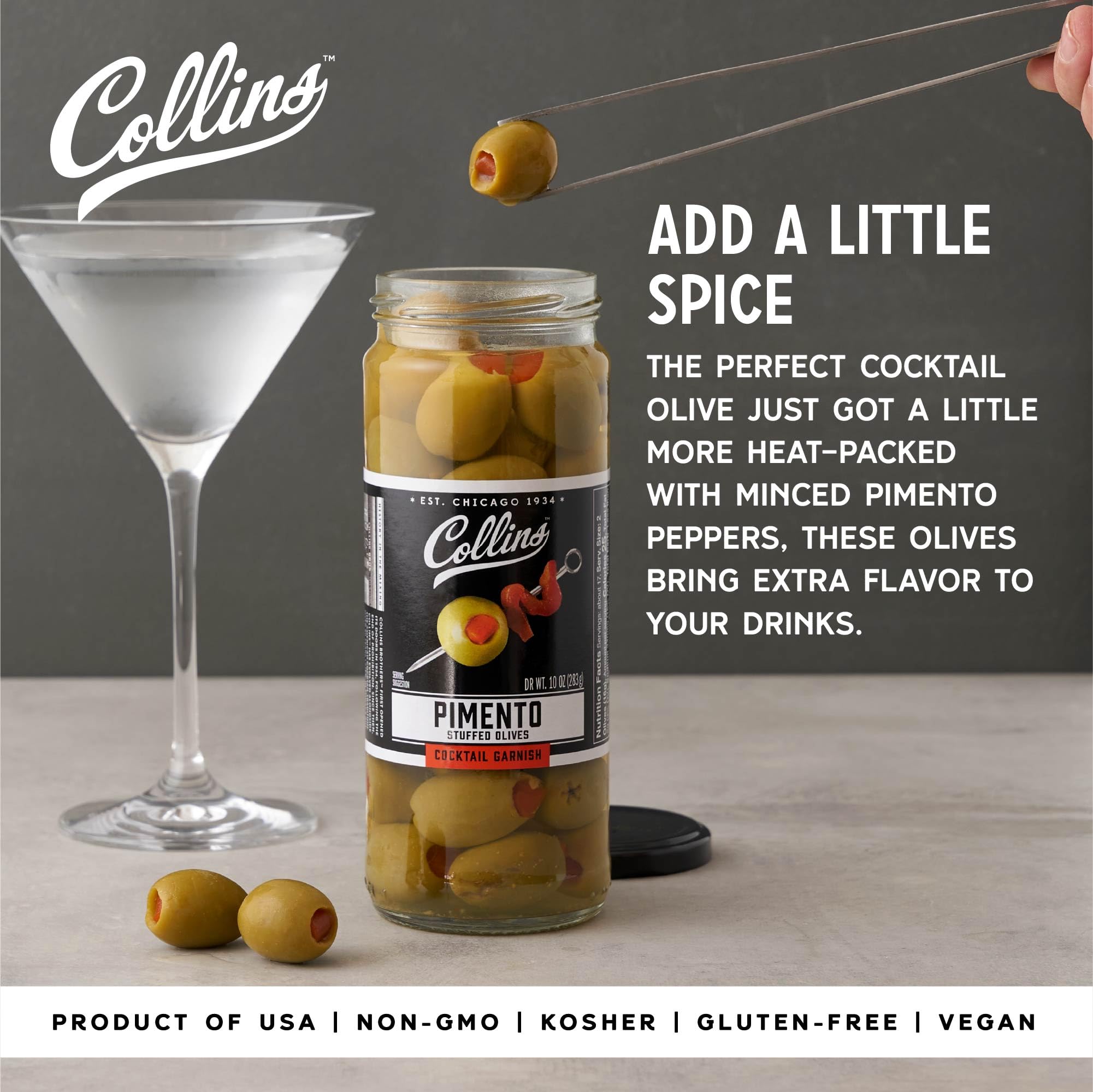 Collins Chicago primer plano de aceituna Colossal rellena, textura firme y apetitosa
