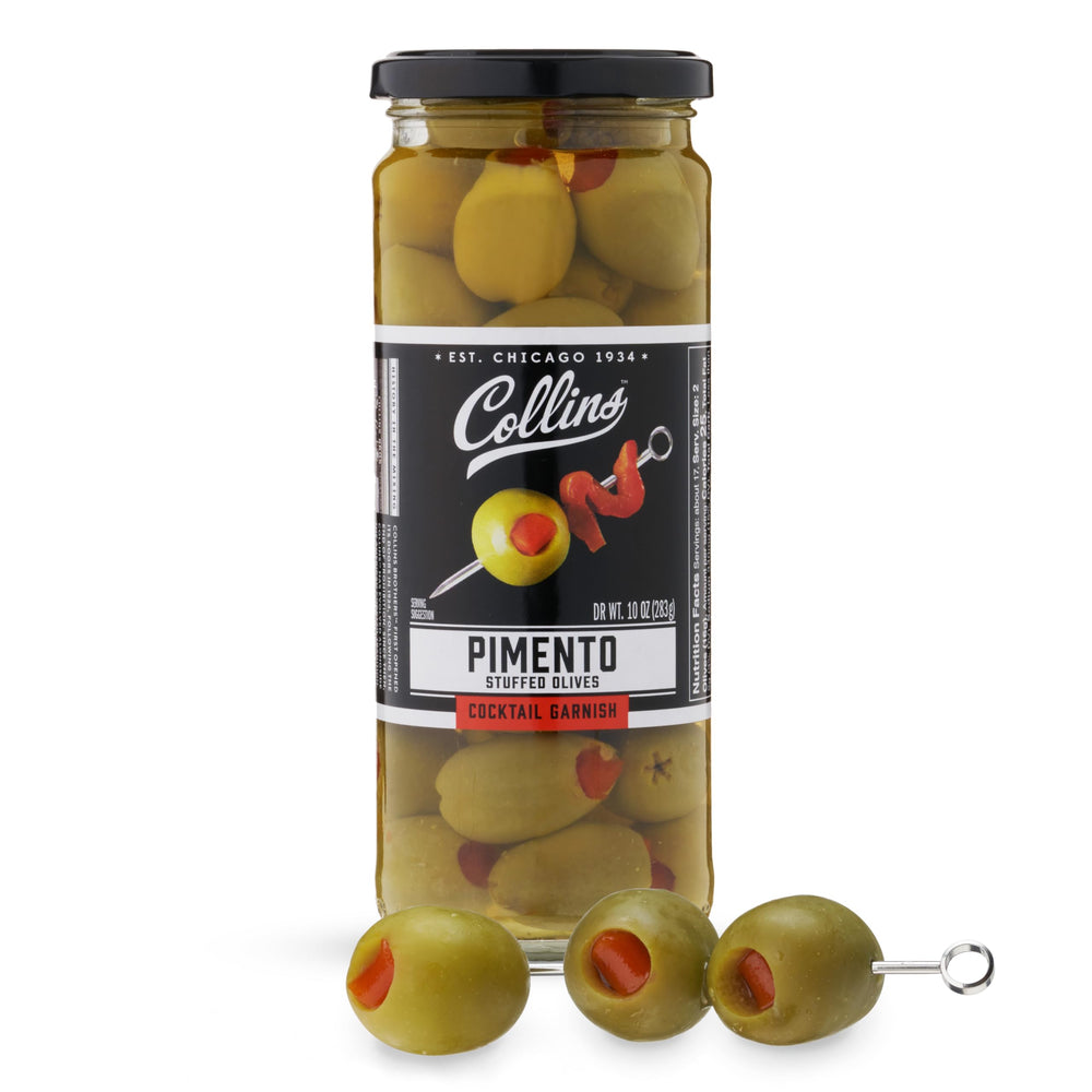 Collins Chicago frasco frontal mostrando aceitunas gigantes, atractivas para martinis