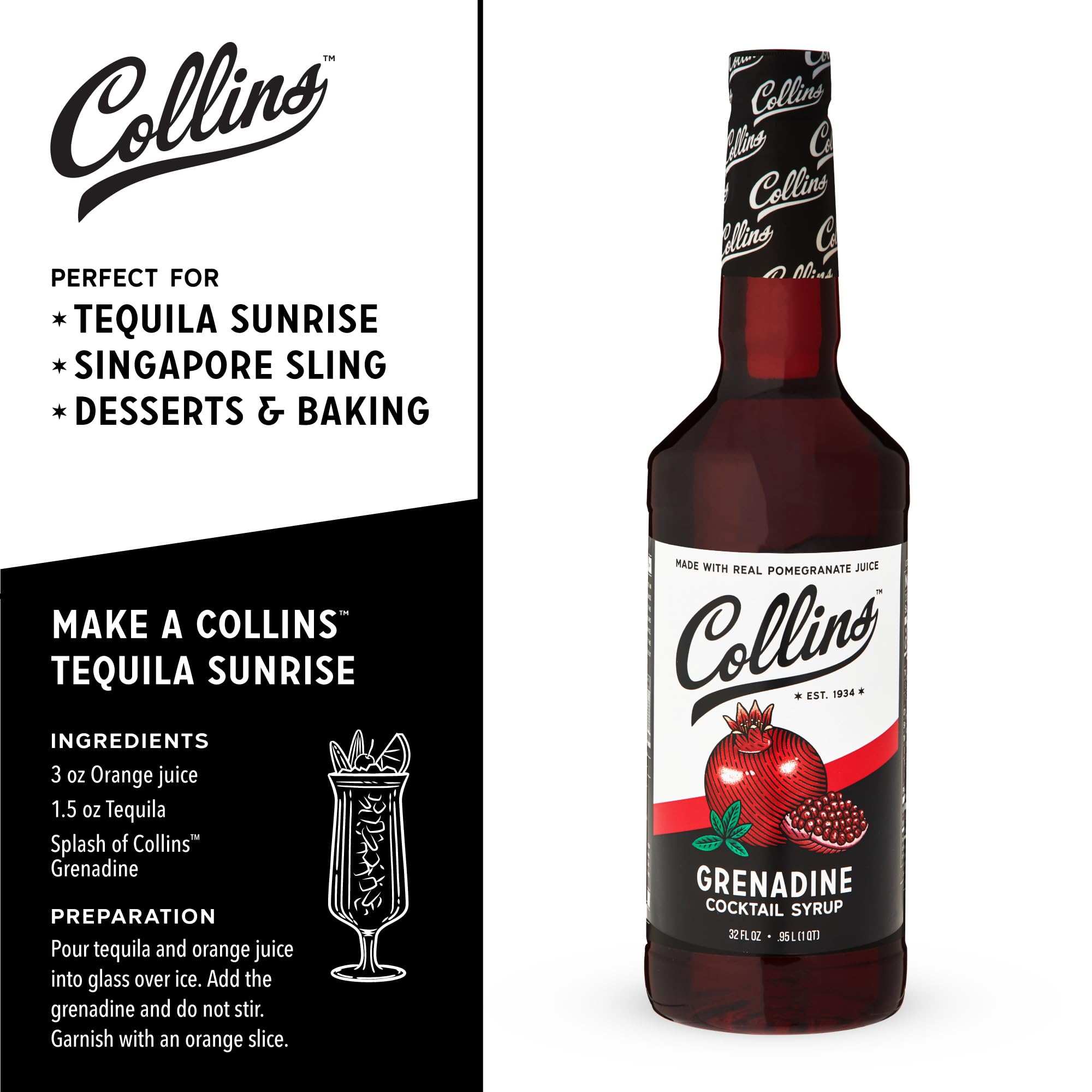 Collins etiqueta con ingredientes listados y jugo real visible