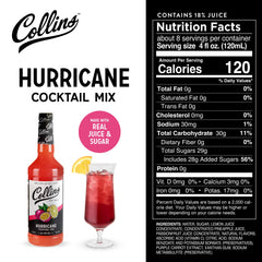 Collins Hurricane etiqueta clara que indica jugos reales y receta Mardi Gras fácil