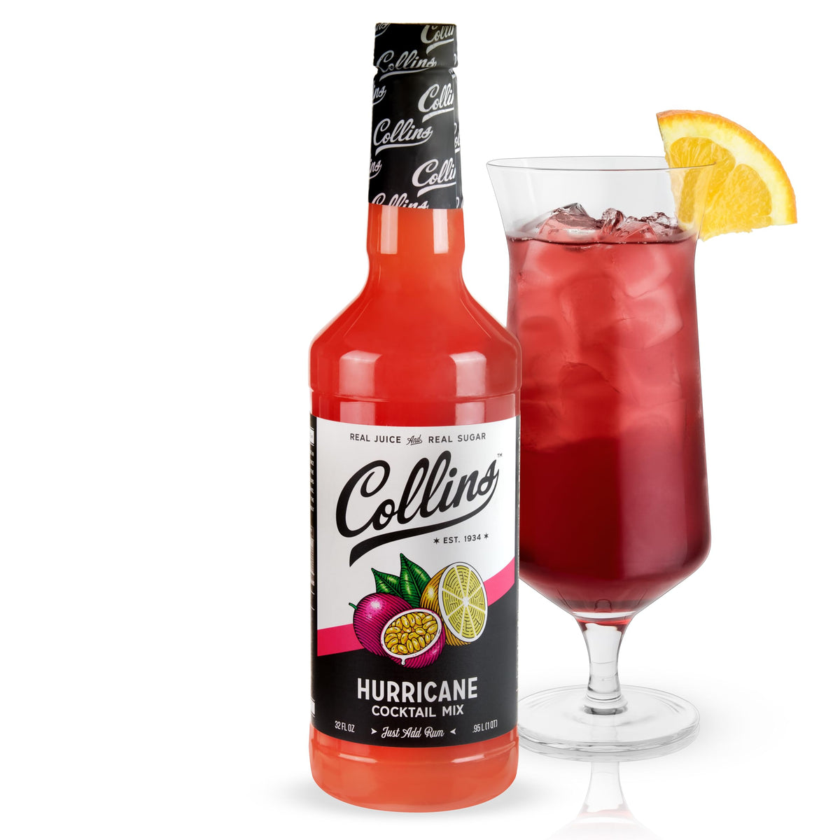 Collins Hurricane mix frente de la botella mostrando marca y tamaño para uso doméstico
