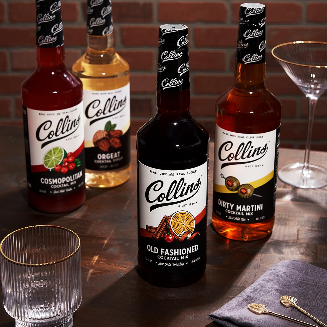 Collins Orgeat Syrup botella junto a almendras y azúcar auténtica