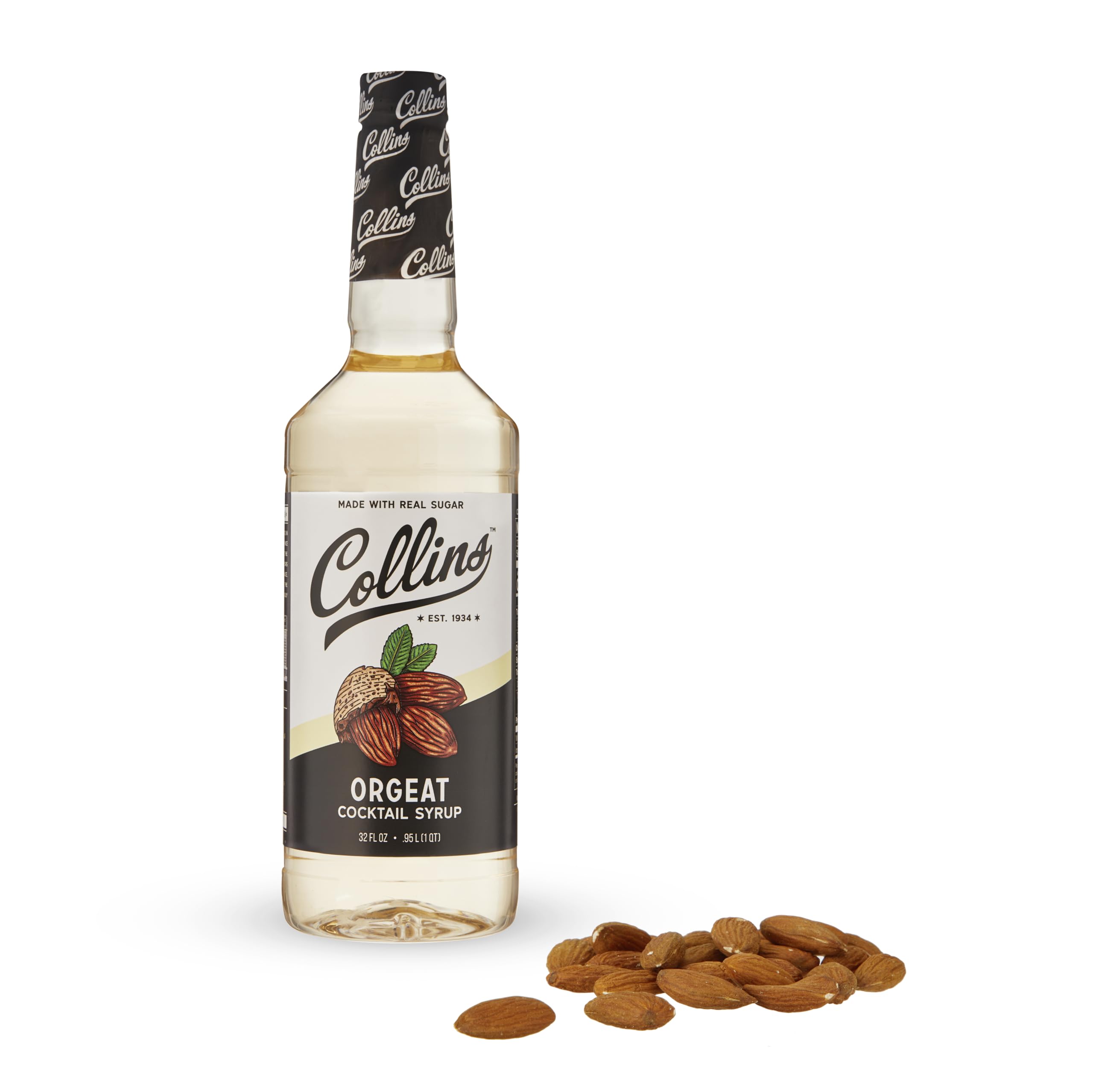 Collins Orgeat Syrup vista frontal con etiqueta clara y uso en cócteles