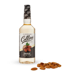 Collins Orgeat Syrup vista frontal con etiqueta clara y uso en cócteles