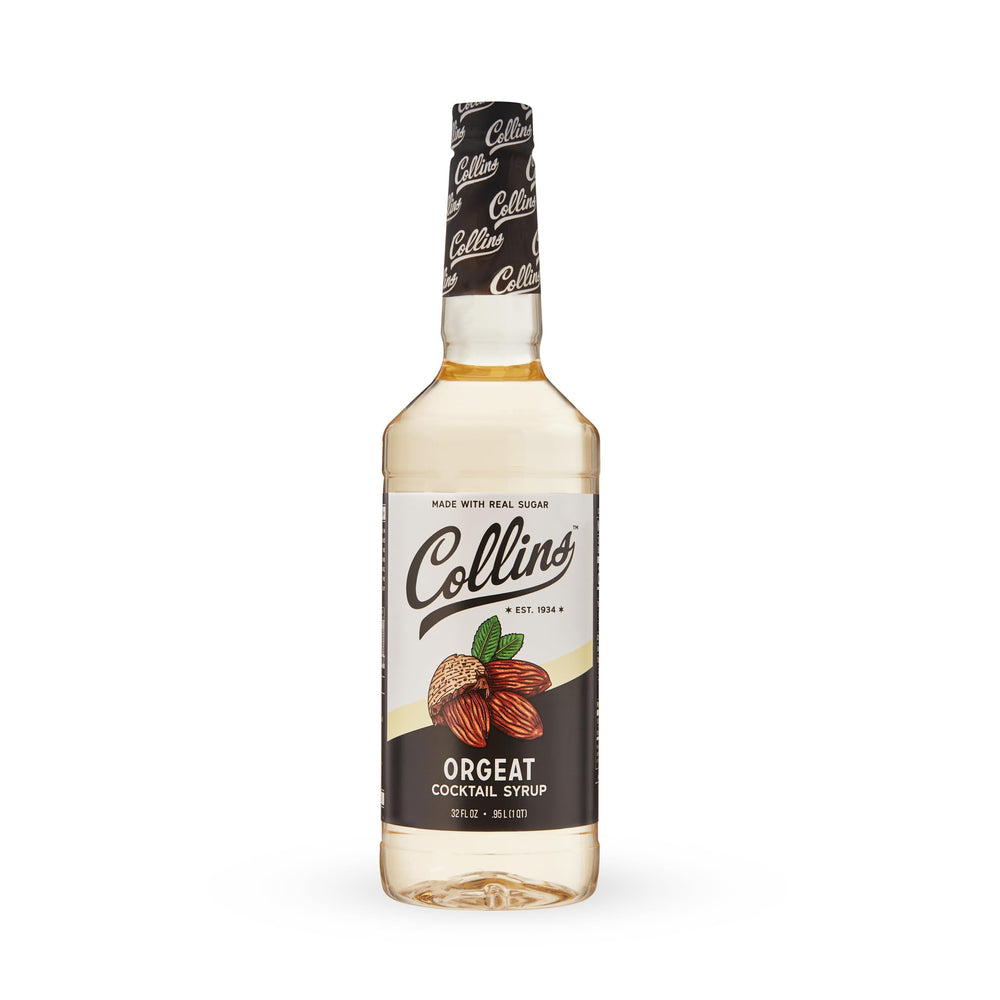 Collins Orgeat Syrup en una mesa de fiesta para preparar cócteles en lote