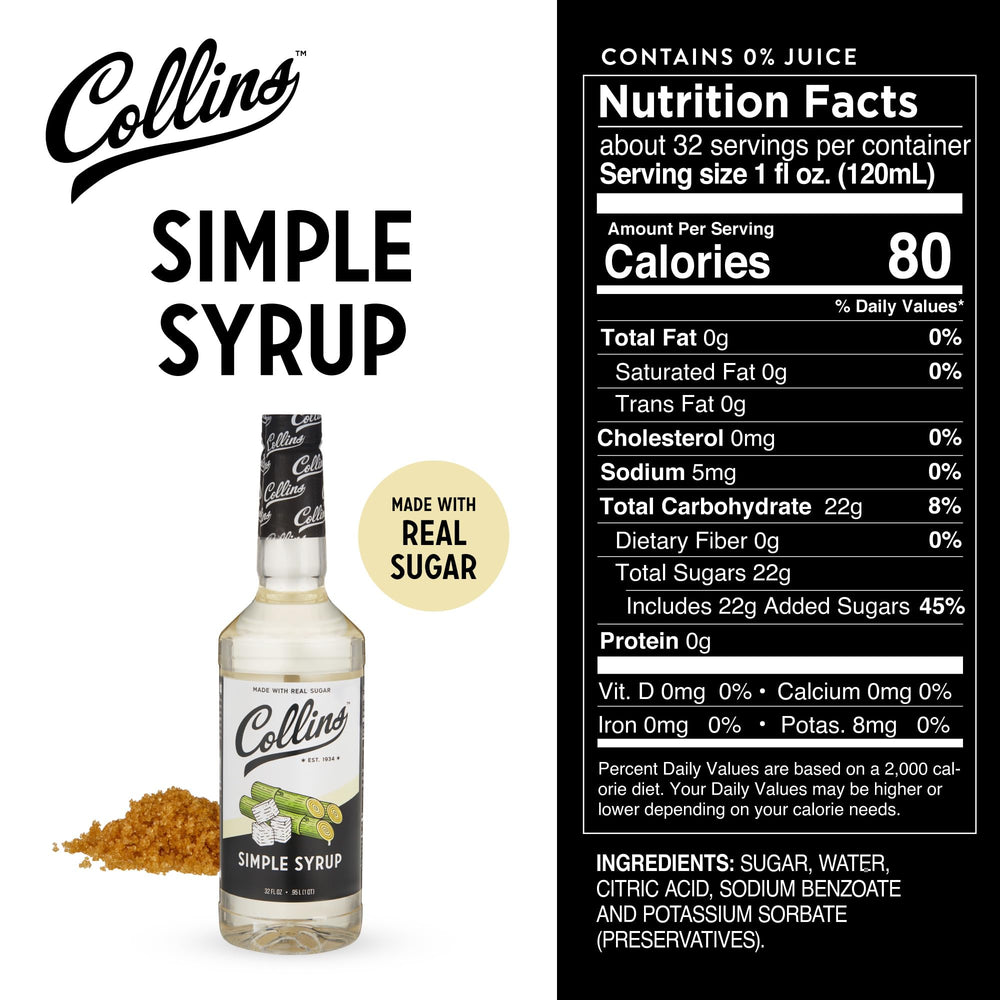 Collins Simple Syrup comparada con vaso para mostrar tamaño 32 onzas
