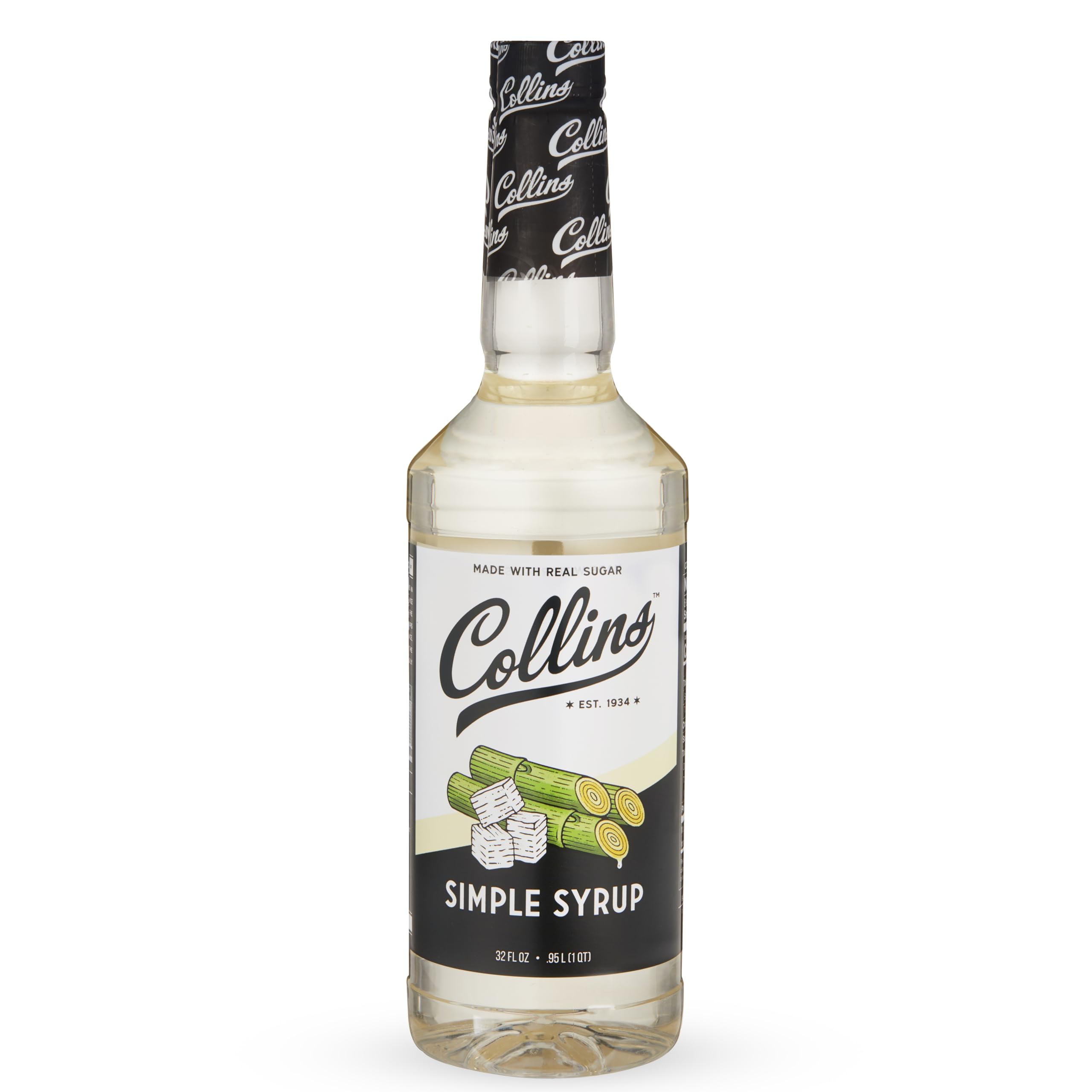 Collins Simple Syrup vista frontal, botella grande útil para barras caseras
