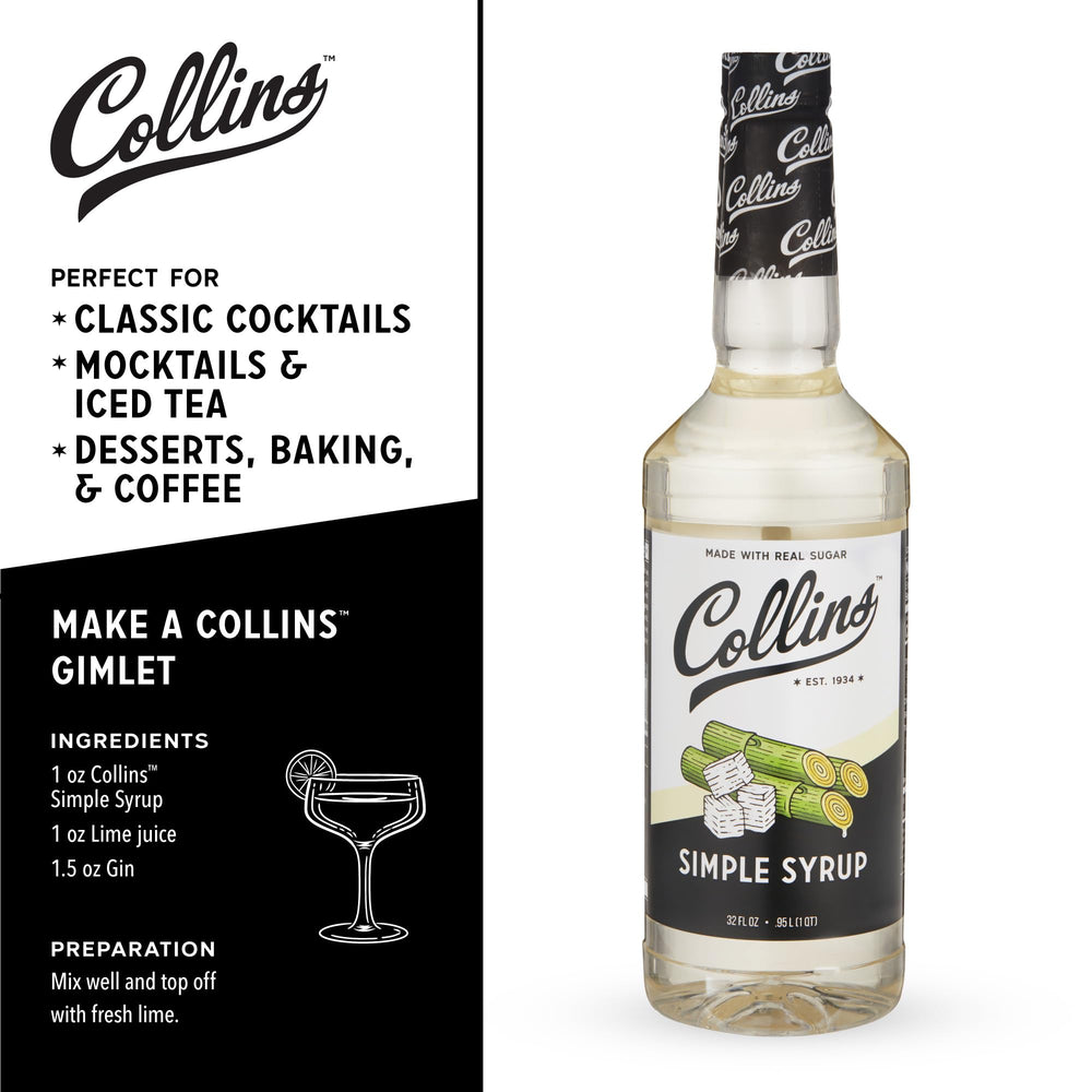 Collins Simple Syrup vertiéndose en cóctel, Collins facilita integración rápida