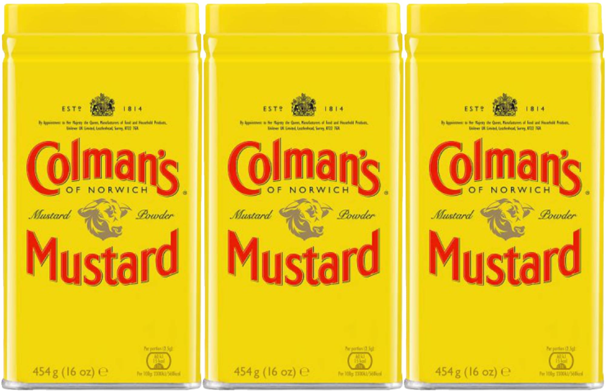 Colman's lata frontal amarilla y roja que facilita identificación y almacenamiento