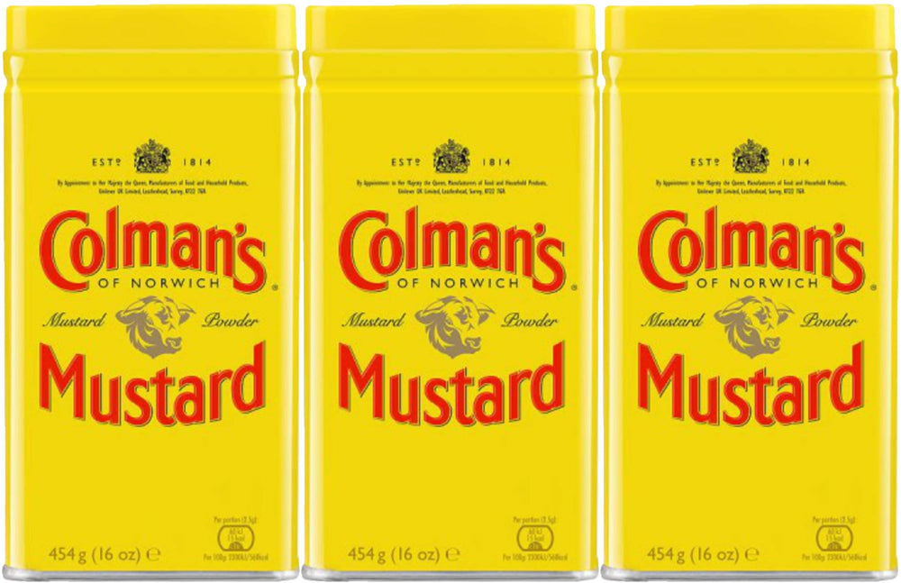 Colman's lata frontal amarilla y roja que facilita identificación y almacenamiento