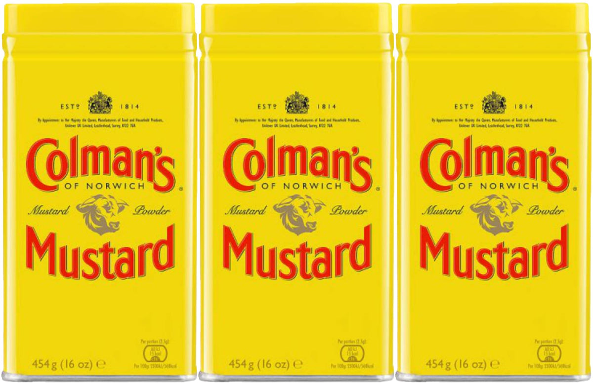 Colman's lata frontal amarilla y roja que facilita identificación y almacenamiento