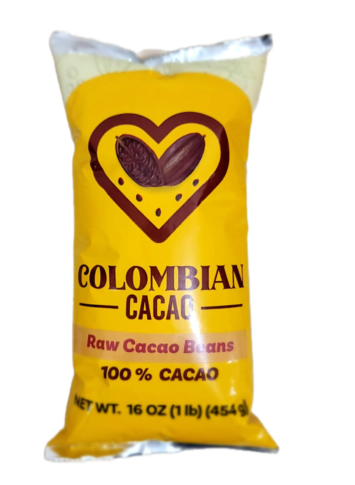 Colombian Cacao vista frontal del empaque mostrando granos crudos y beneficio de pureza