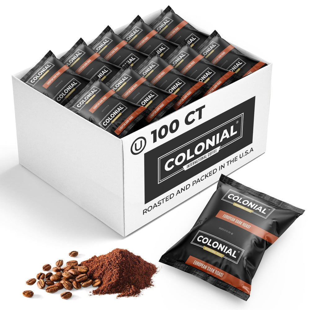 COLONIAL INTERNATIONAL COFFEE caja frontal mostrando 100 porciones y ventaja de almacenamiento