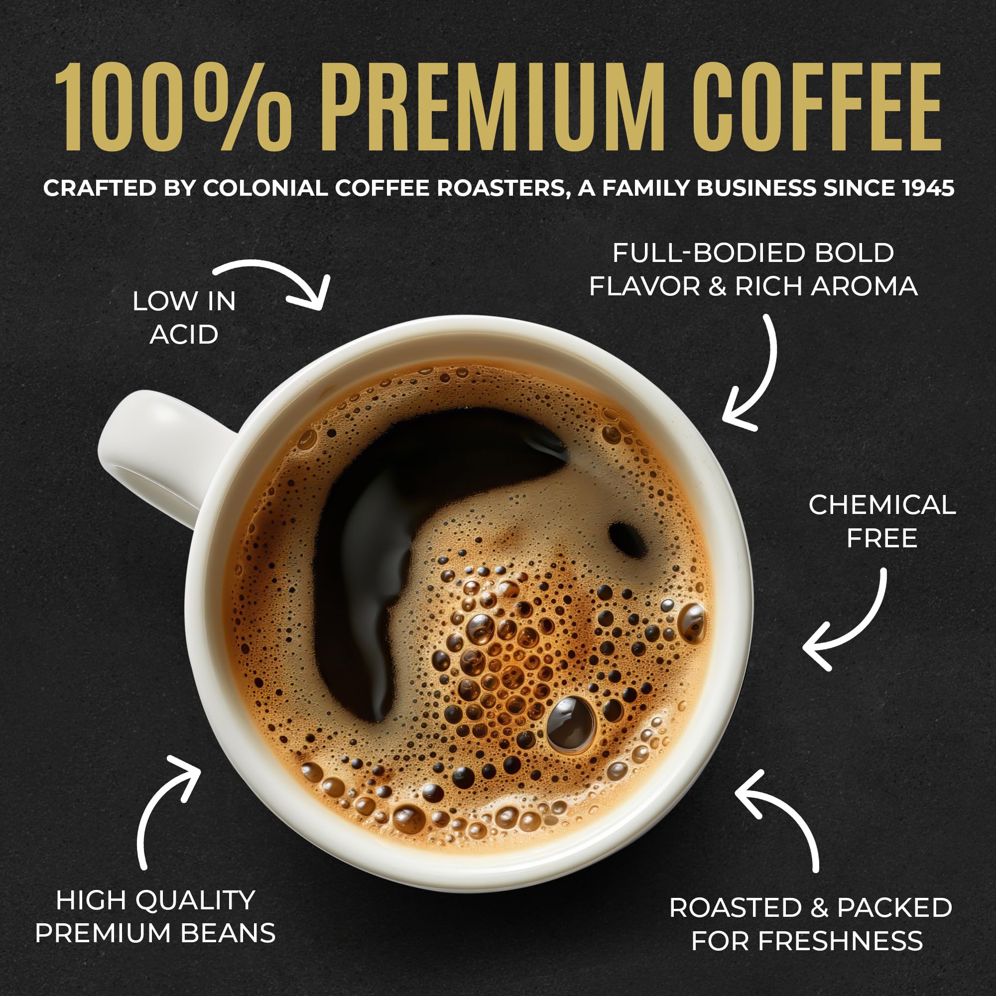 COLONIAL INTERNATIONAL COFFEE jarra servida con café oscuro, consistencia en cada preparación
