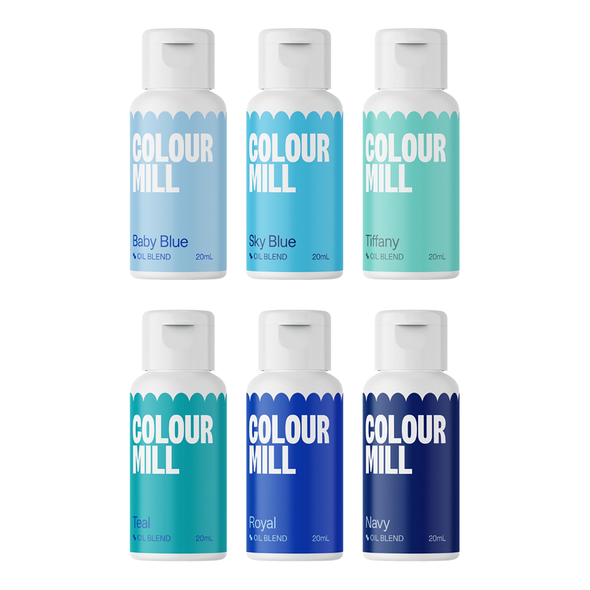 Colour Mill pack frontal mostrando seis botellas azules, colores vibrantes