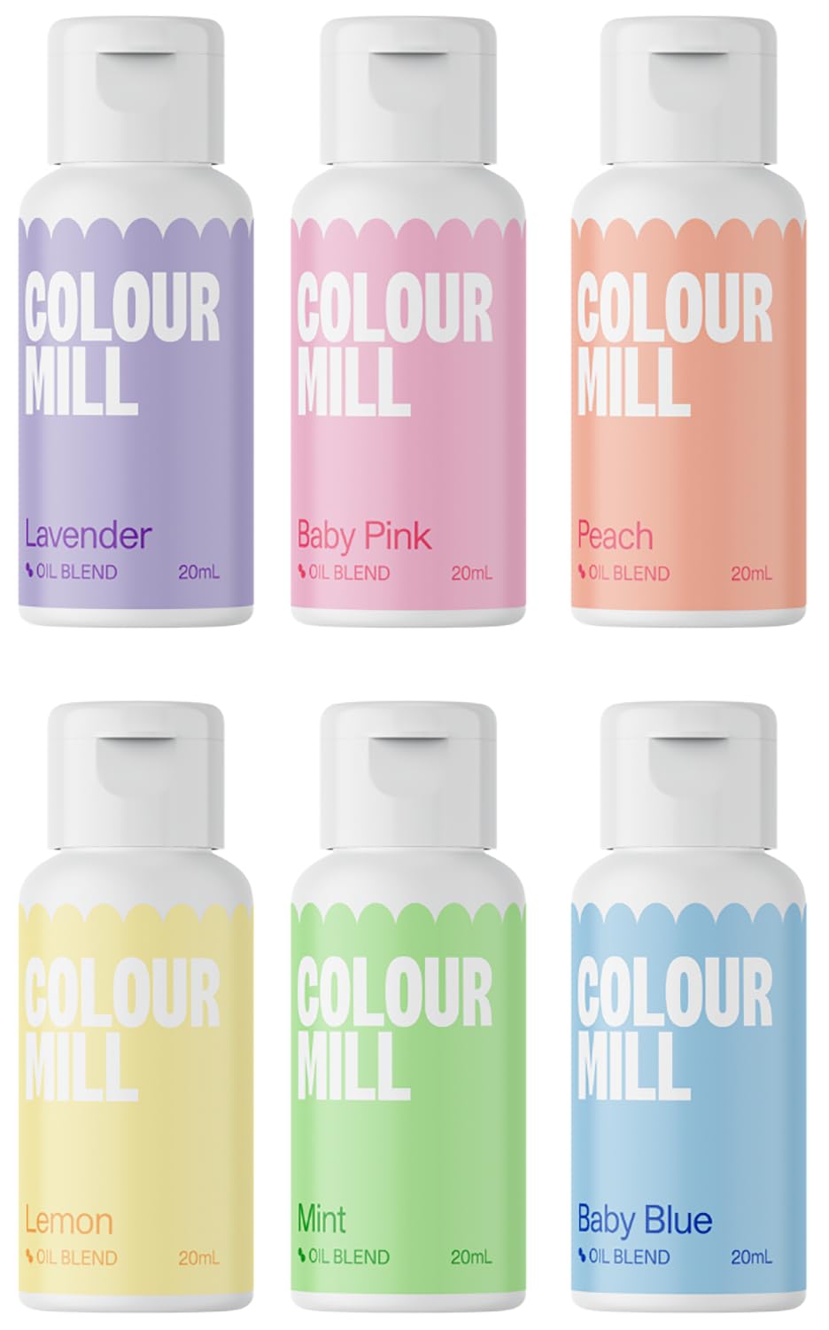 Colour Mill frontal del pack pastel mostrando seis botellas y colores
