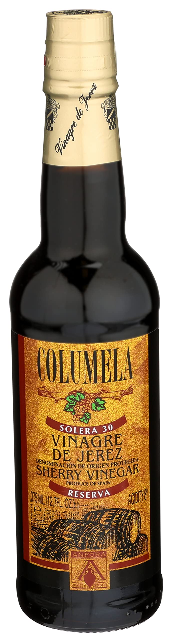 Columela botella frontal mostrando etiqueta D.O.P. y presentación premium