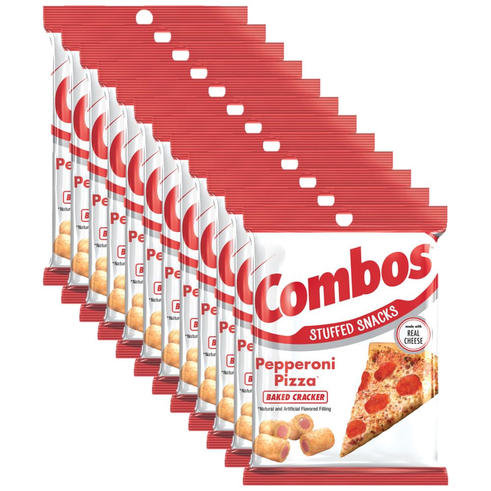 COMBOS vista frontal del empaque mostrando 12 bolsas y diseño de pizza