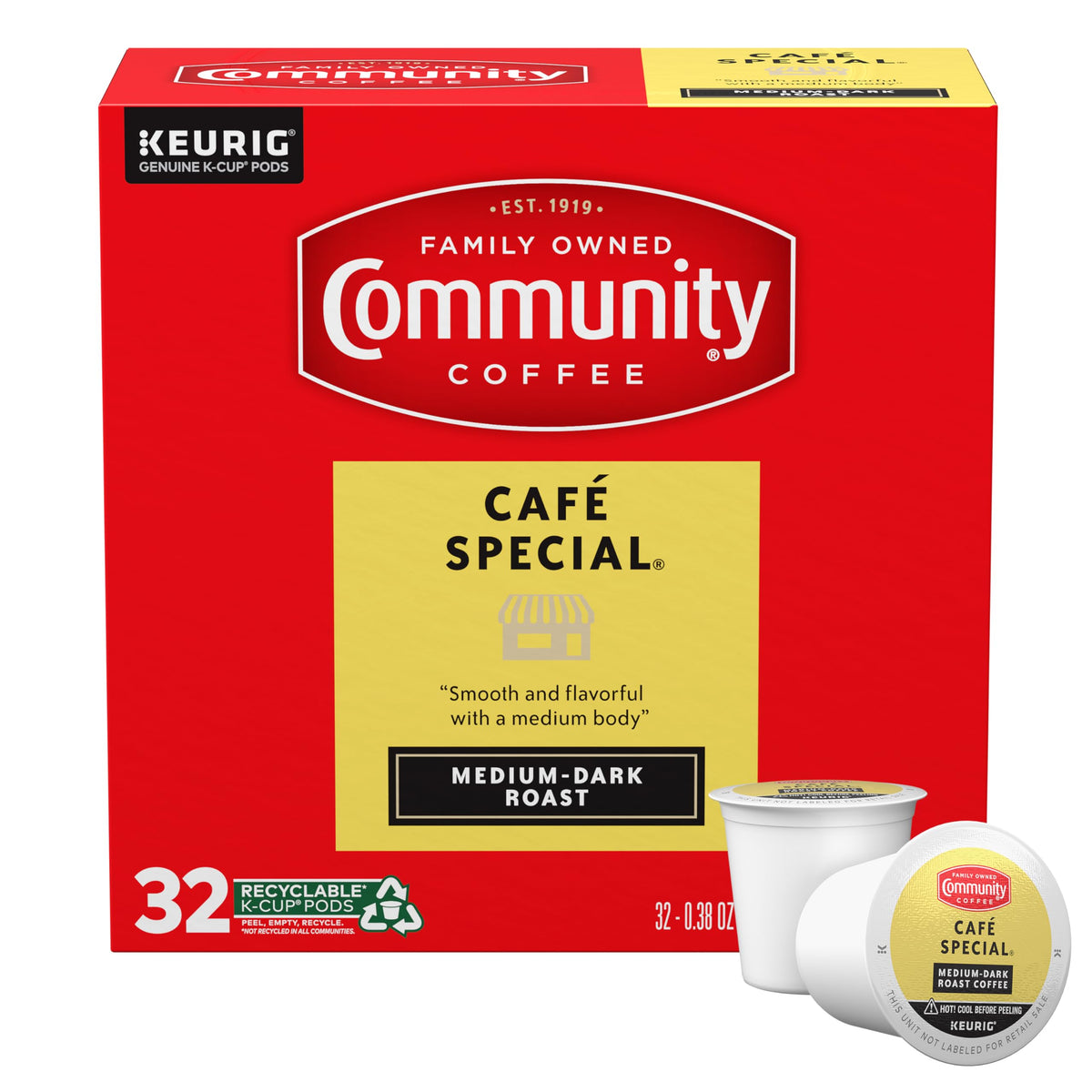 Community Coffee caja frontal de 32 cápsulas mostrando presentación y conveniencia