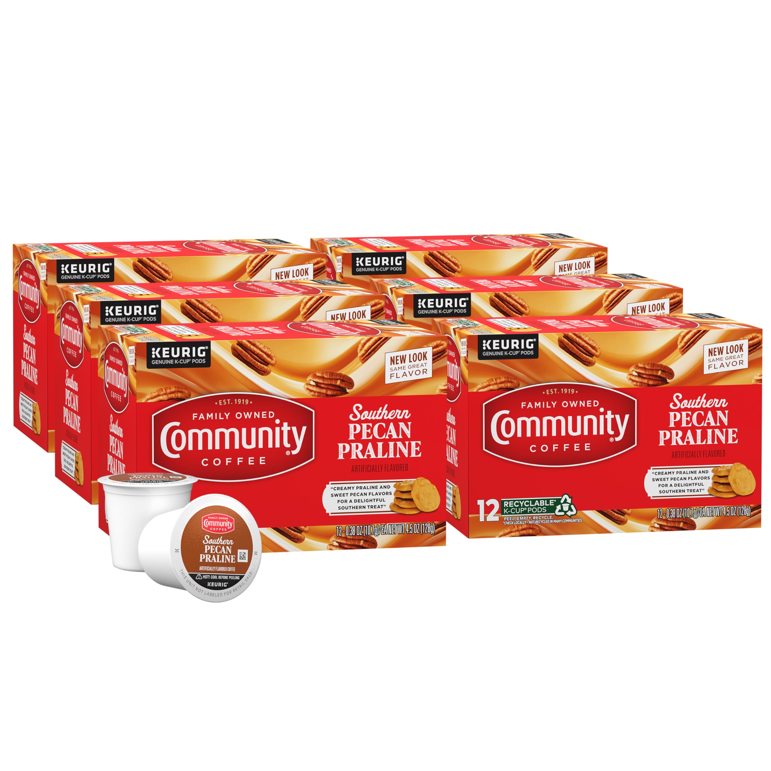 Community Coffee caja frontal mostrando 72 cápsulas y sabor praliné