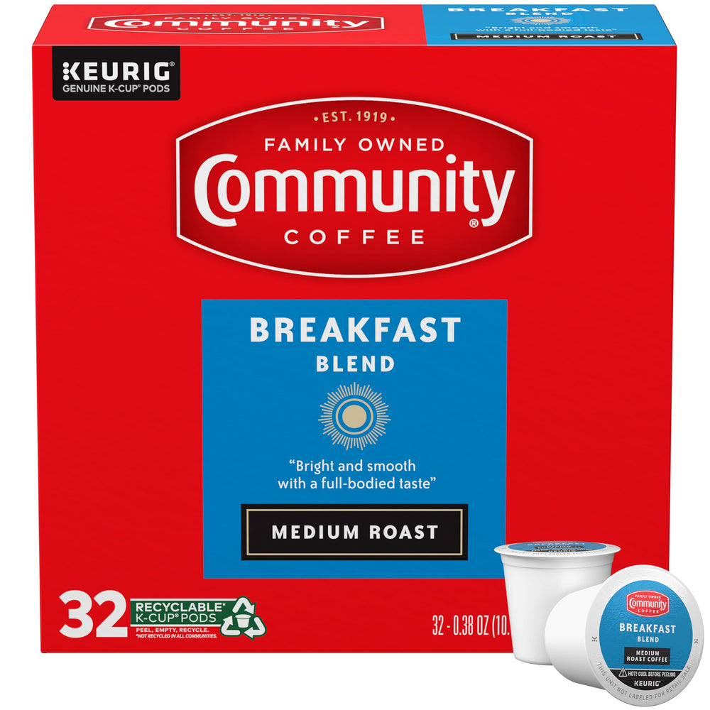 Community Coffee caja frontal con 32 cápsulas mostrando el diseño y beneficio conveniencia