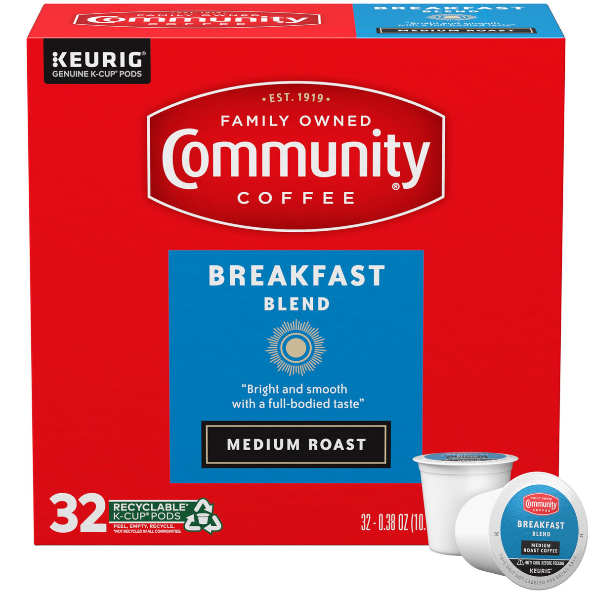 Community Coffee caja frontal con 32 cápsulas mostrando el diseño y beneficio conveniencia