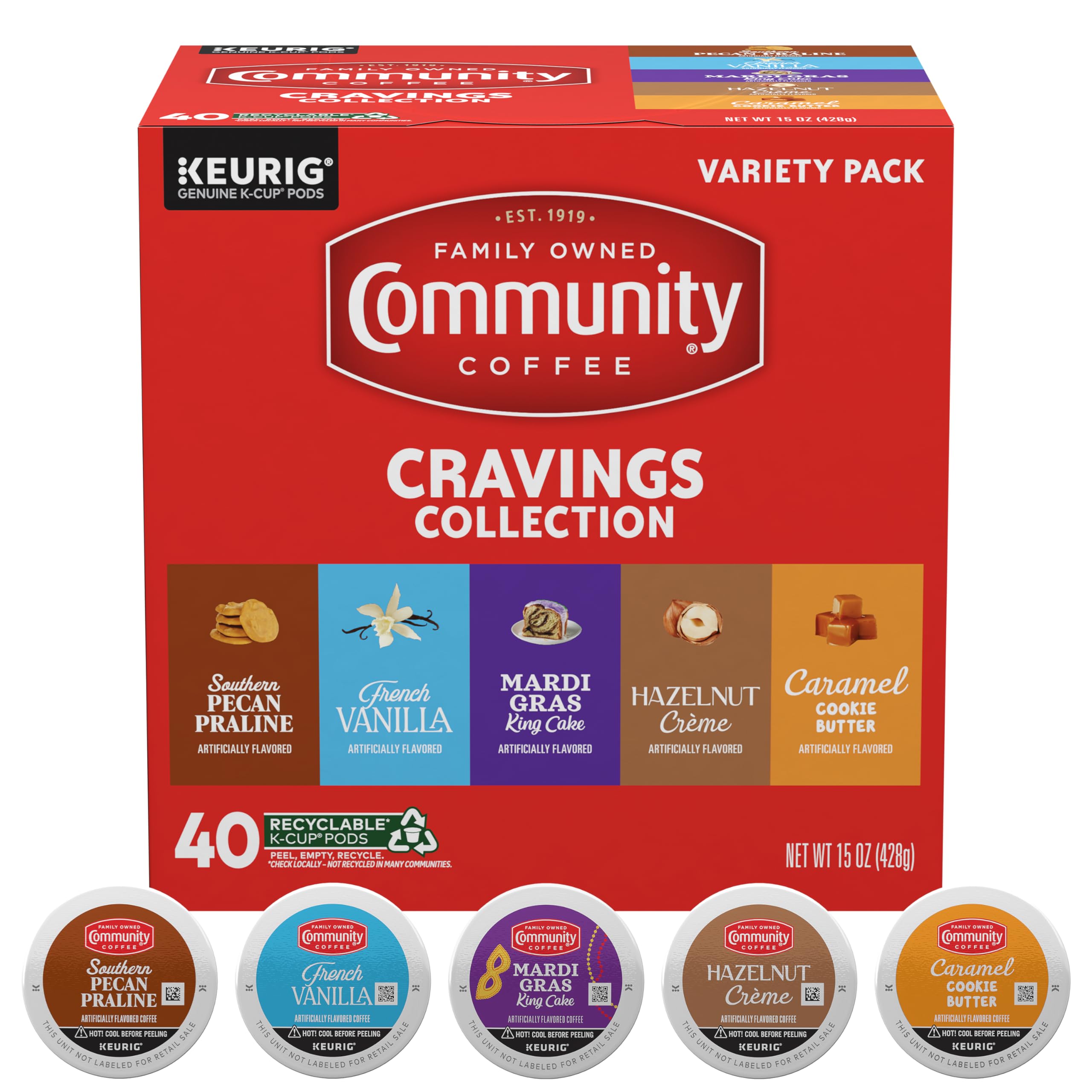 Community Coffee frontal del paquete Cravings Collection mostrando sabores