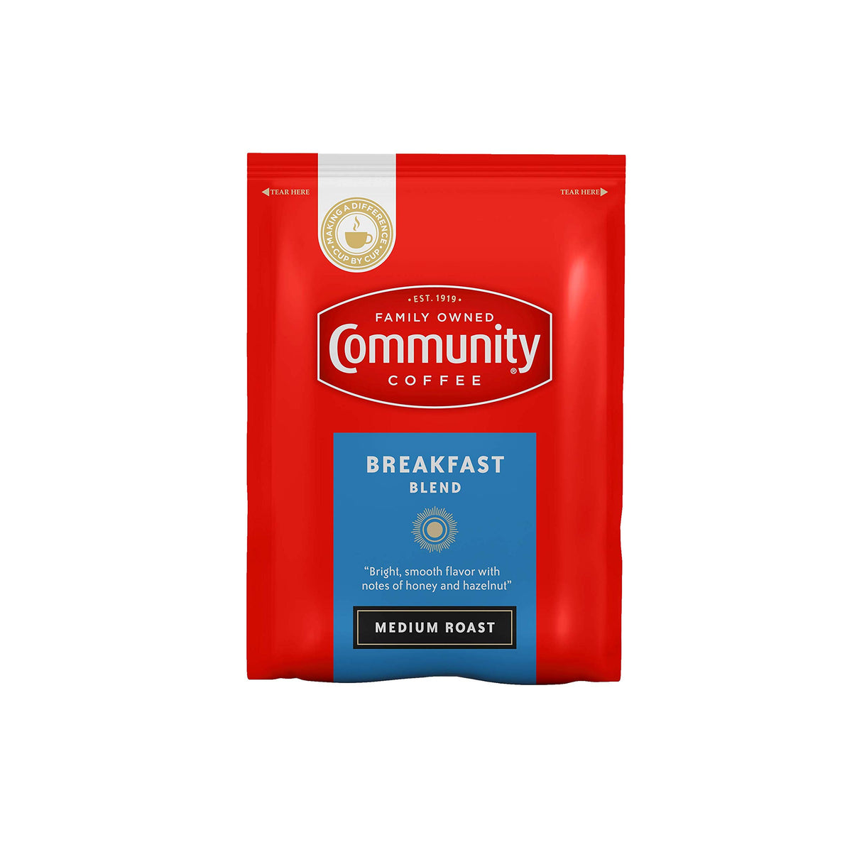 Community Coffee paquete frontal mostrando marca y beneficio conveniencia