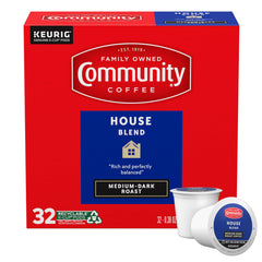 Community Coffee frente de caja mostrando 32 cápsulas y conveniencia