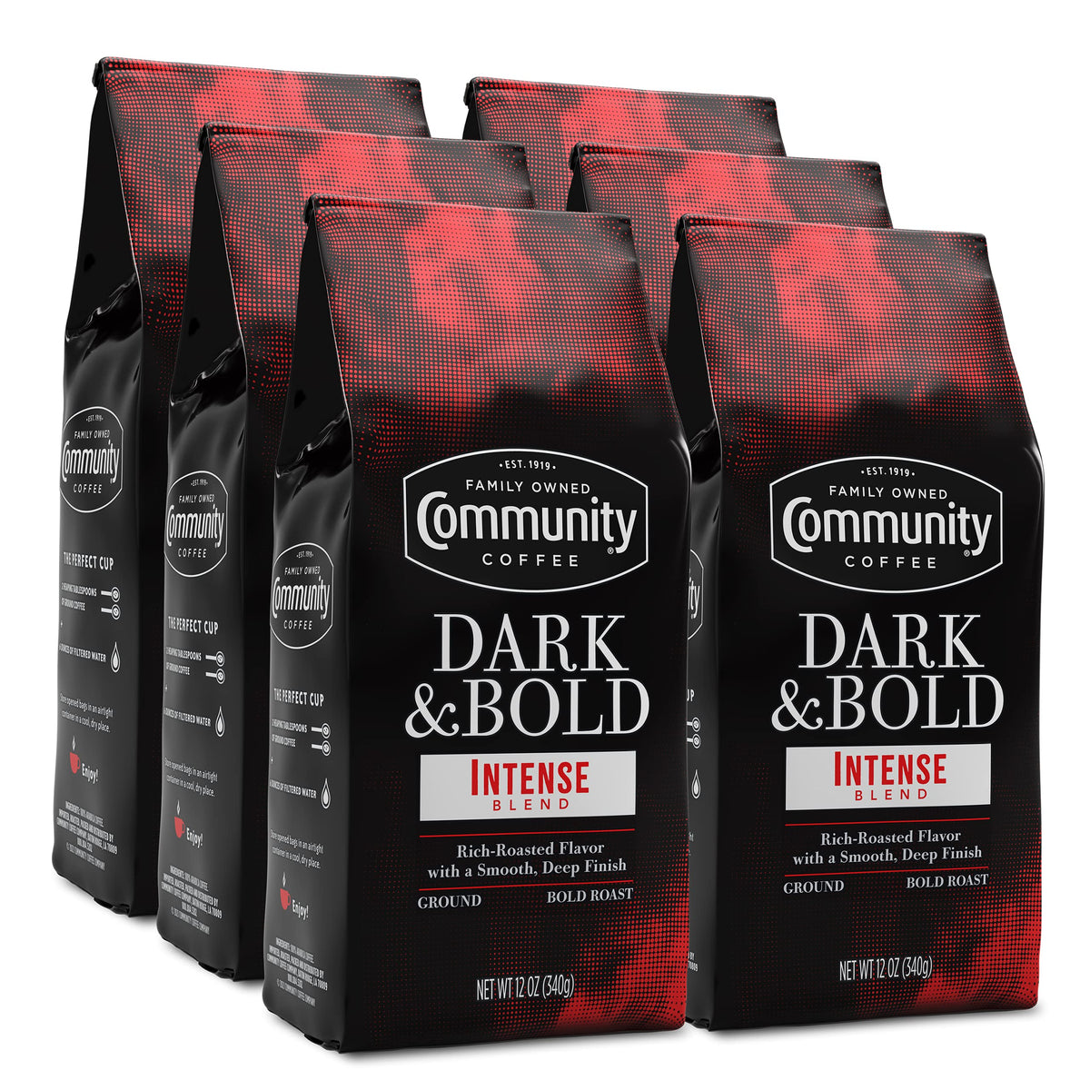 Community Coffee frente del paquete Dark & Bold muestra diseño y frescura