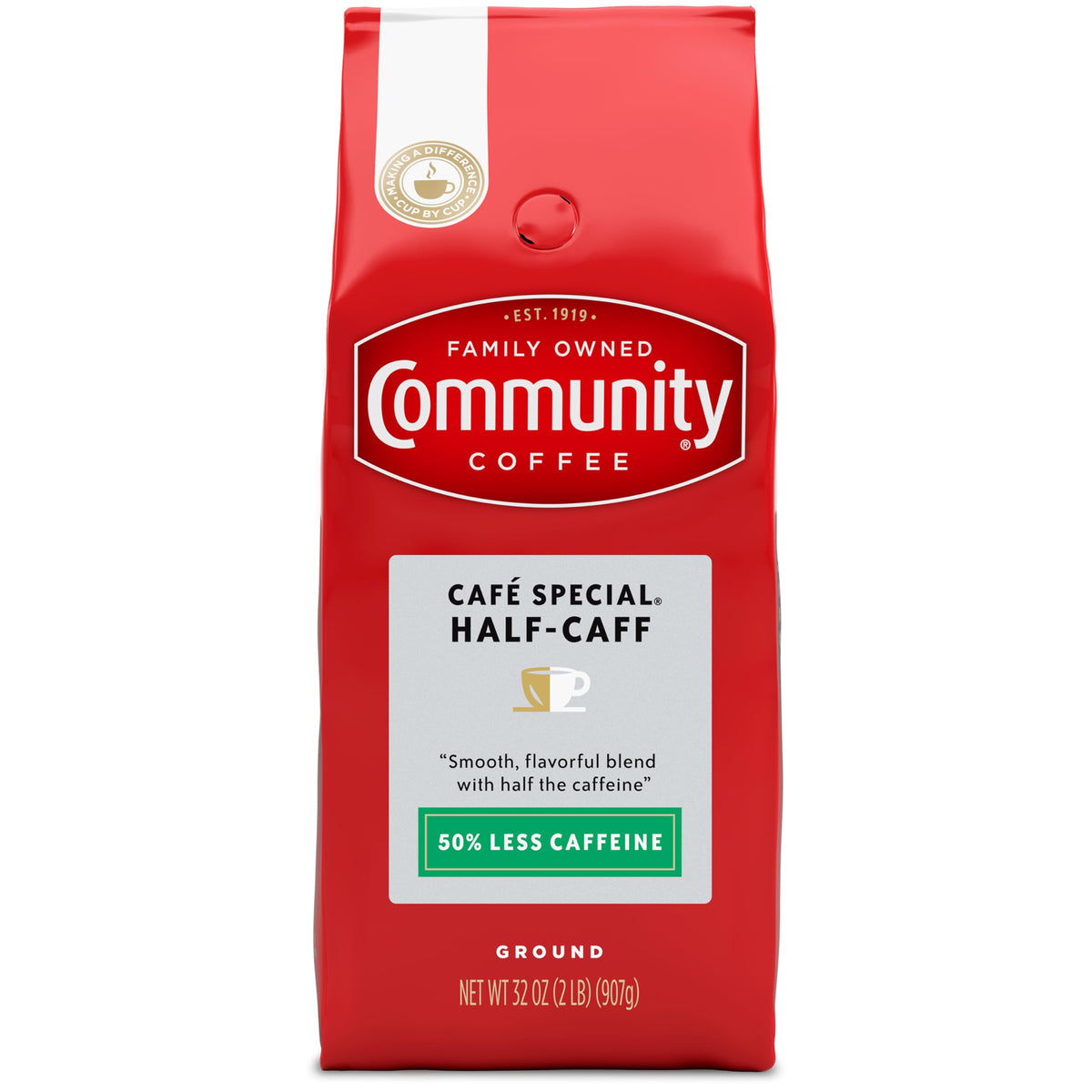 Community Coffee paquete frontal mostrando 32 onzas, conveniencia y aroma