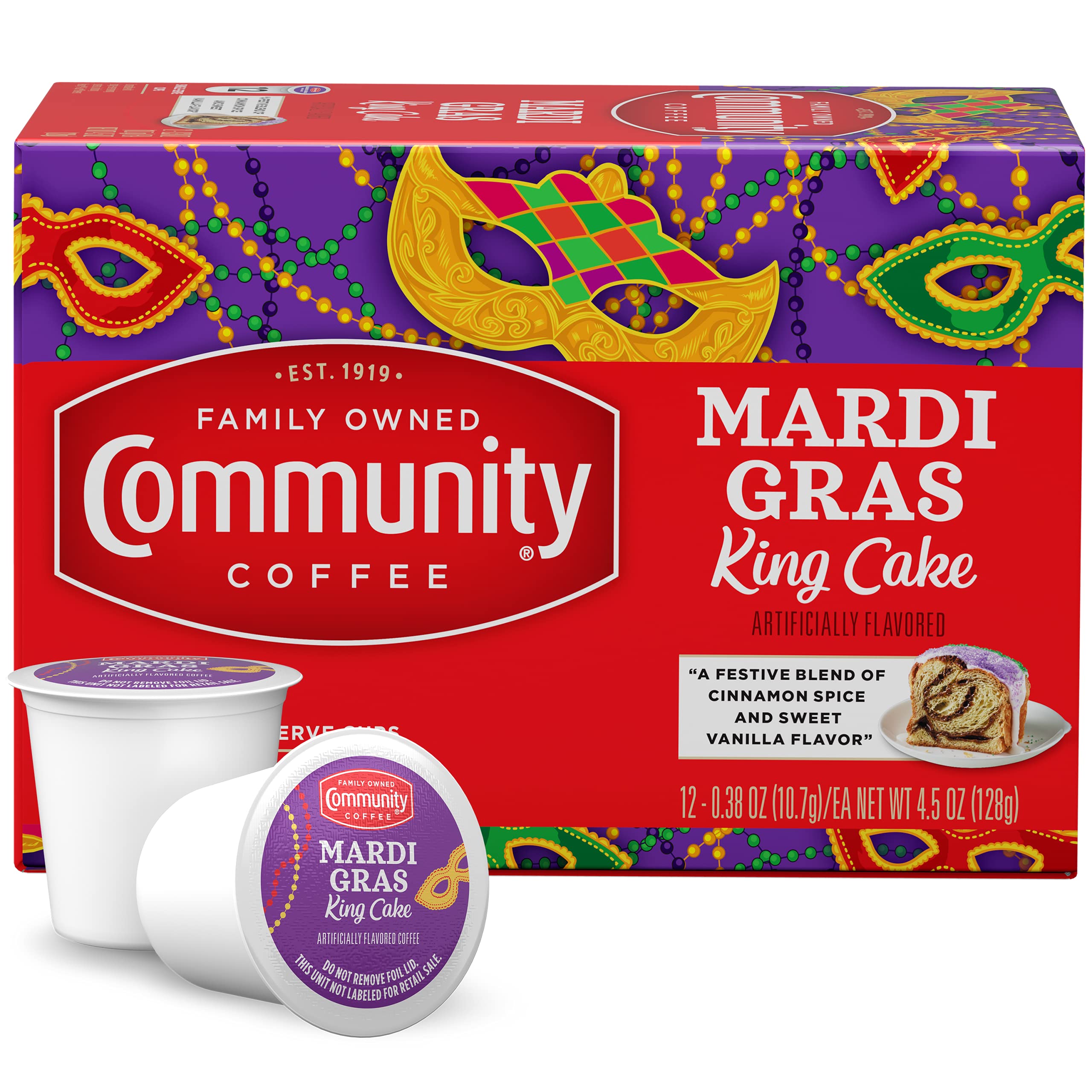 Community Coffee paquete frontal mostrando cápsulas y beneficio conveniencia