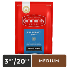 Community Coffee sobre abierto con café listo para usar, ahorro de tiempo