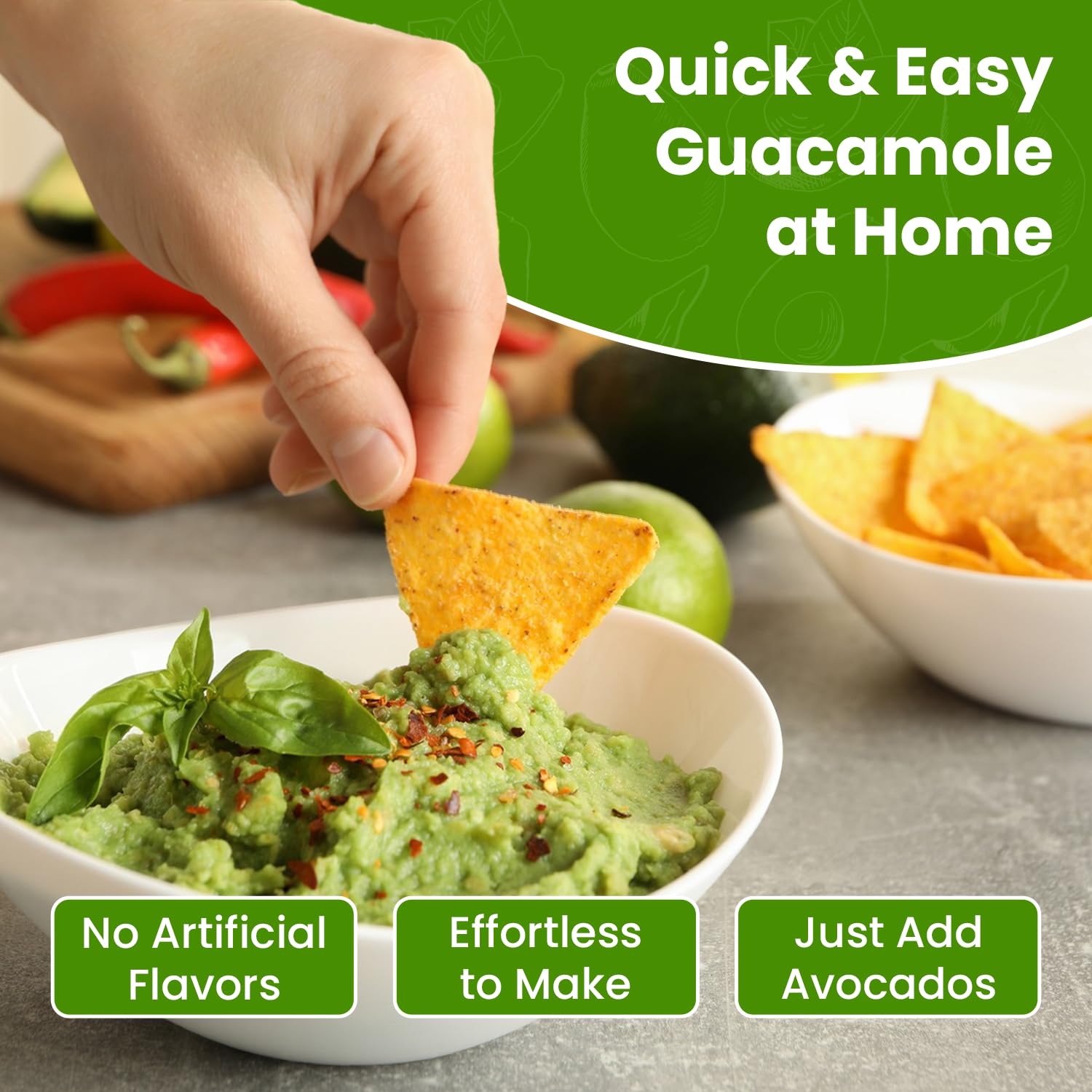 Concord Foods comparación de tamaño del sobre junto a un aguacate para escala