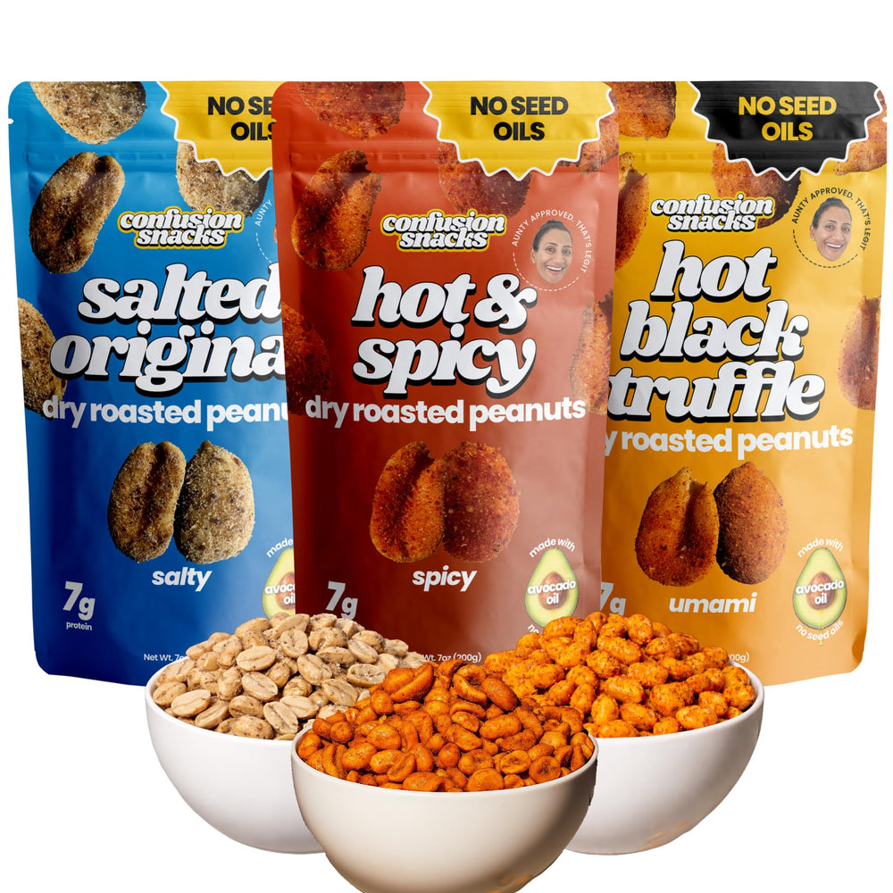 Confusion Snacks paquete frontal mostrando las tres variedades y practicidad
